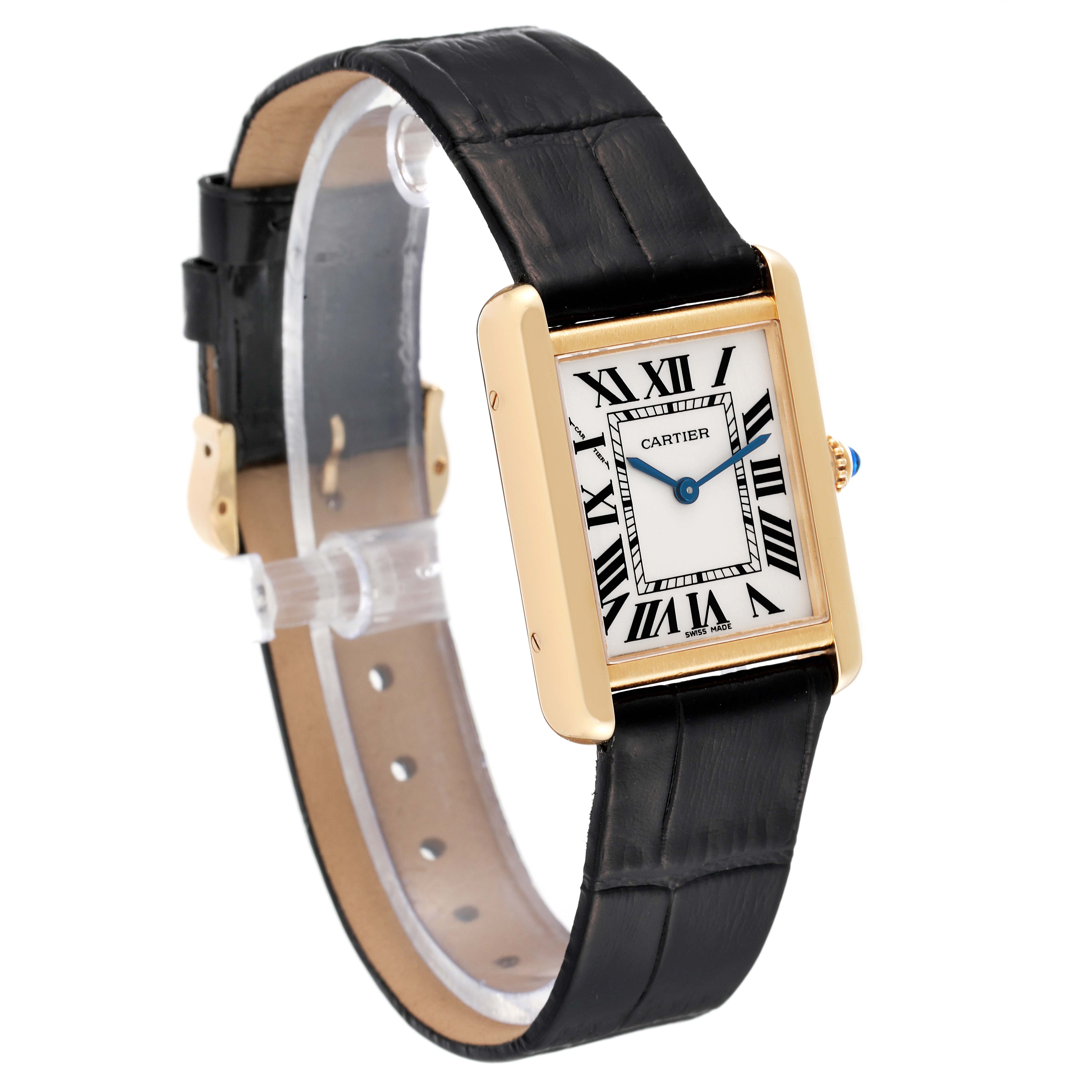 The watch shown is a Cartier Tank Solo W1018755 Women
s Steel and Gold (two tone) Silver Dial W1018755 Women
s Steel and Gold (two tone) Silver Dial model, viewed from a front-facing angle, displaying its black leather strap and rectangular face.