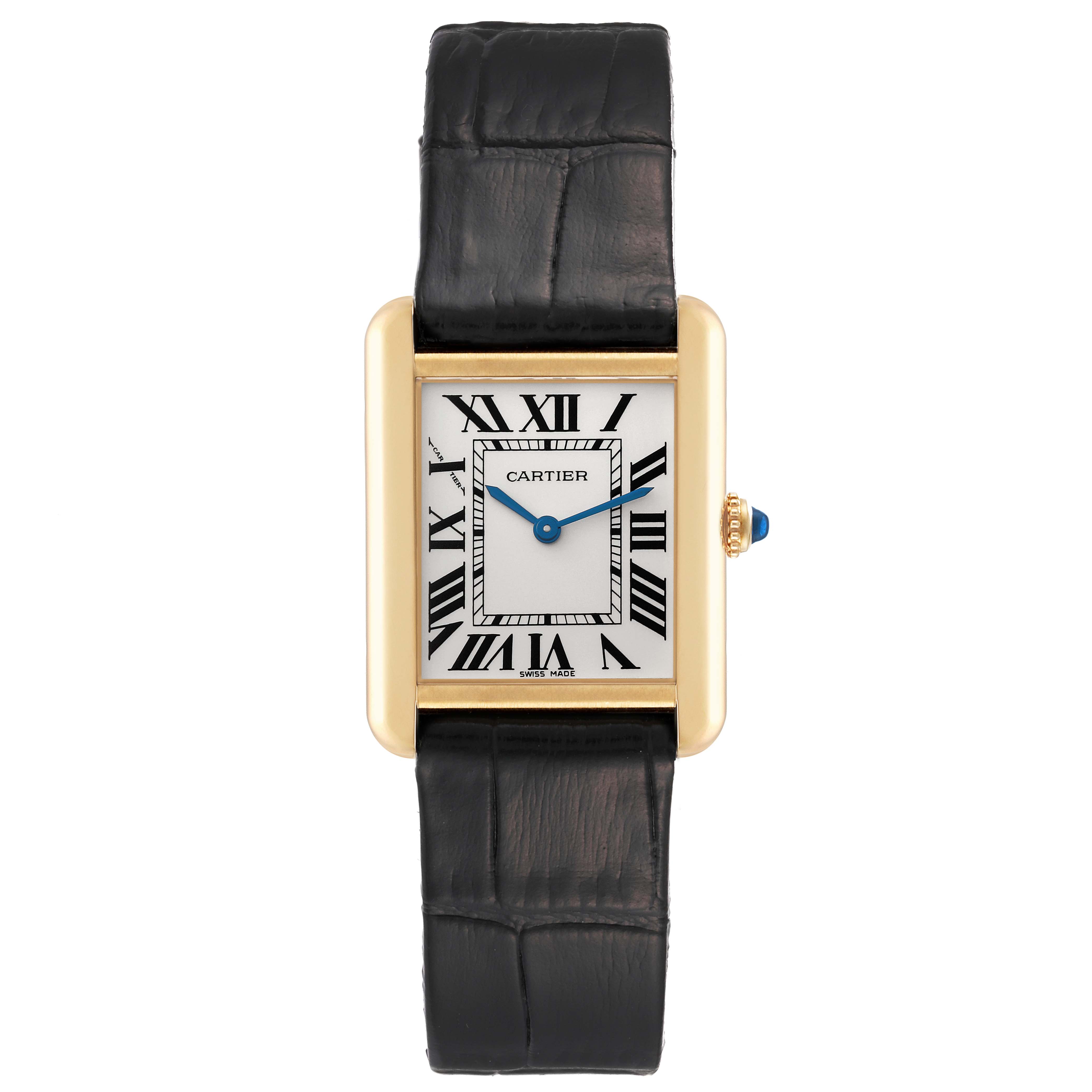 The image shows a Cartier Tank Solo W1018755 Women
s Steel and Gold (two tone) Silver Dial W1018755 Women
s Steel and Gold (two tone) Silver Dial watch from the front, displaying the rectangular dial, black leather strap, and Roman numerals.