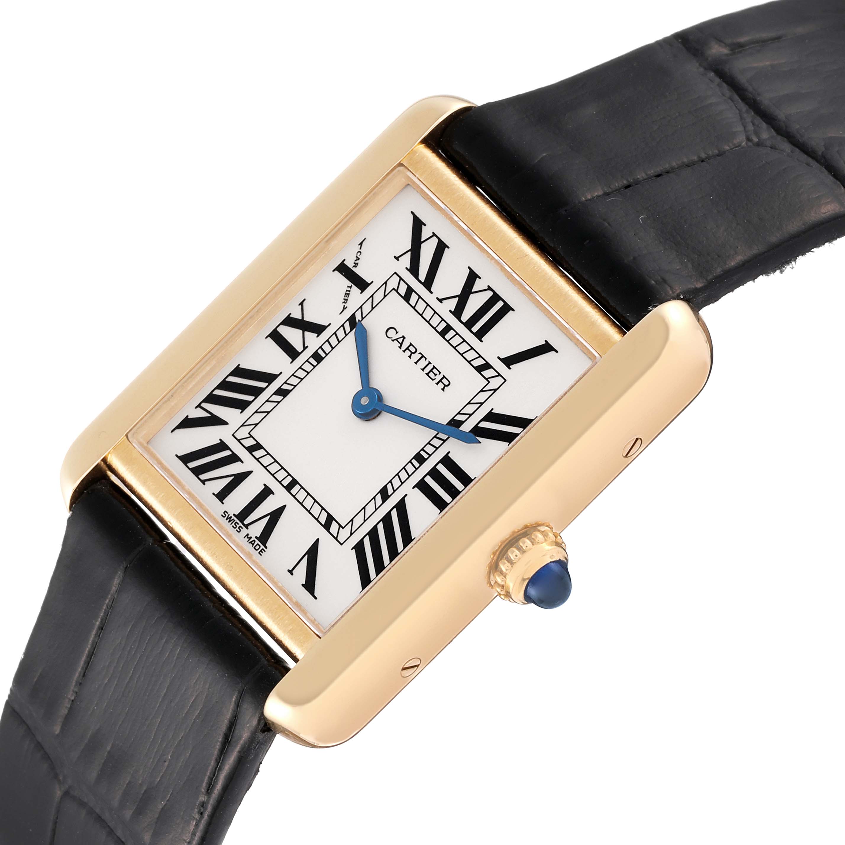 The image shows a Cartier Tank Solo W1018755 Women
s Steel and Gold (two tone) Silver Dial W1018755 Women
s Steel and Gold (two tone) Silver Dial watch at a slight angle, highlighting its rectangular face, Roman numerals, and black leather strap.