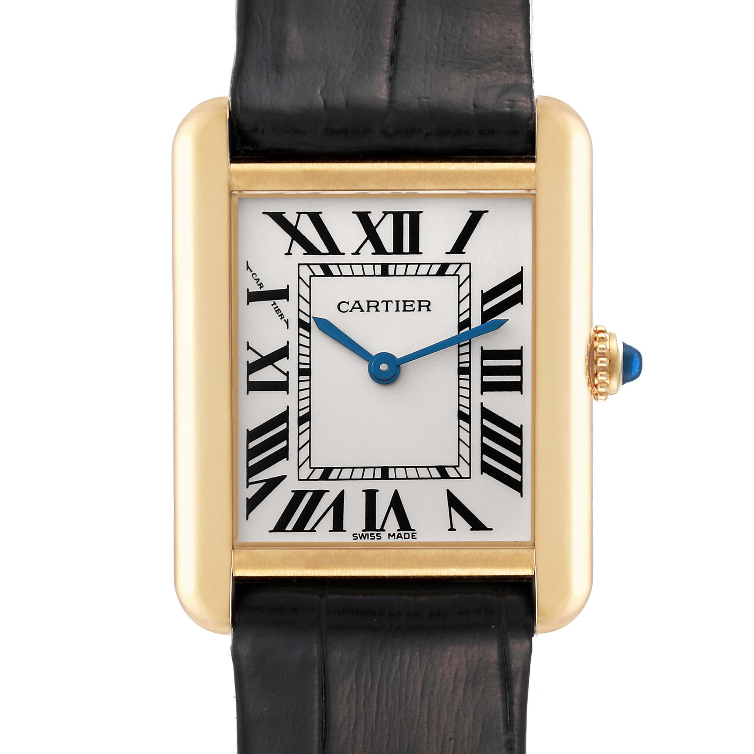 The image shows a frontal view of the Cartier Tank Solo W1018755 Women
s Steel and Gold (two tone) Silver Dial W1018755 Women
s Steel and Gold (two tone) Silver Dial watch, highlighting its gold rectangular case, dial, and black leather strap.