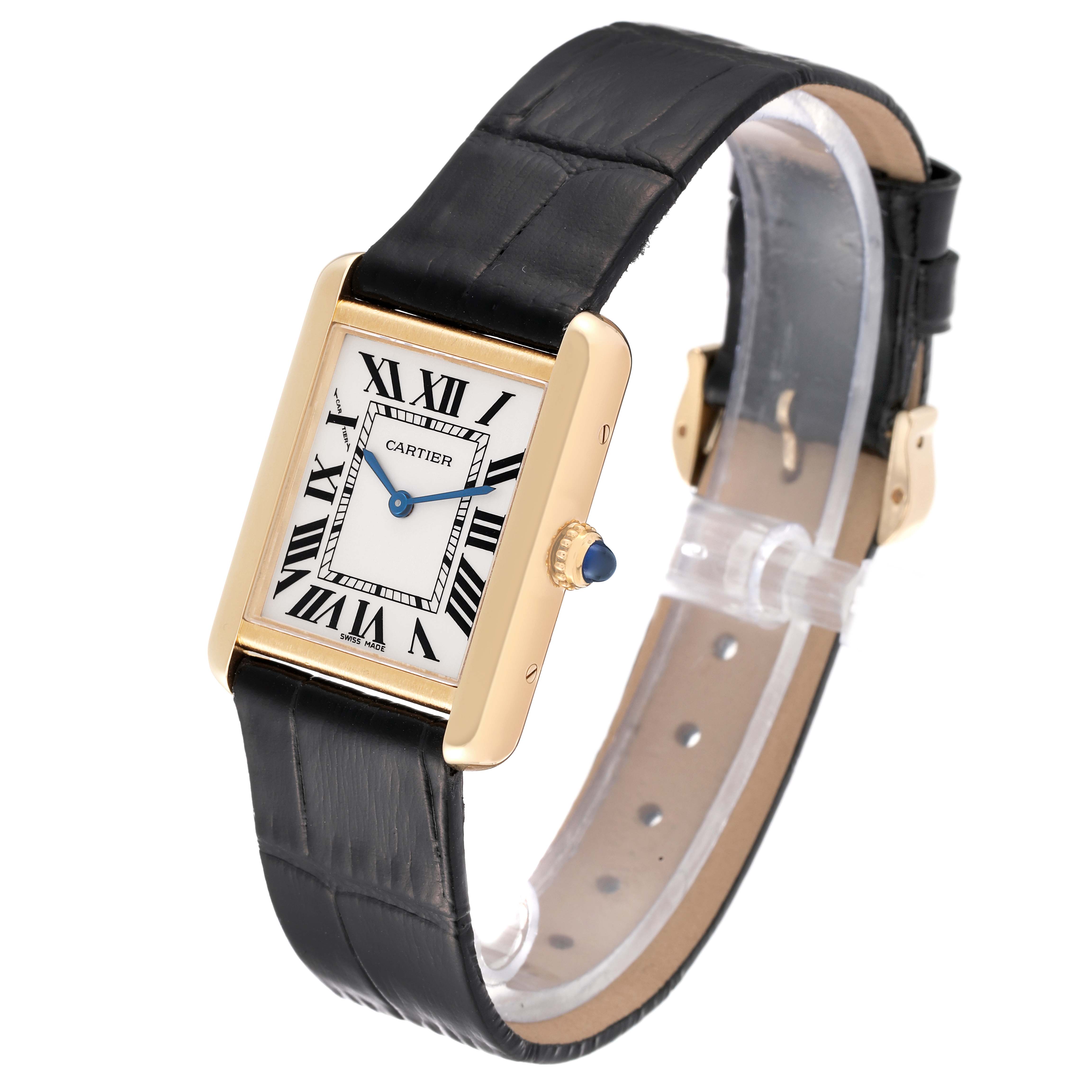 The image shows a front-side angled view of the Cartier Tank Solo W1018755 Women
s Steel and Gold (two tone) Silver Dial W1018755 Women
s Steel and Gold (two tone) Silver Dial watch, focusing on its rectangular face and black leather strap.