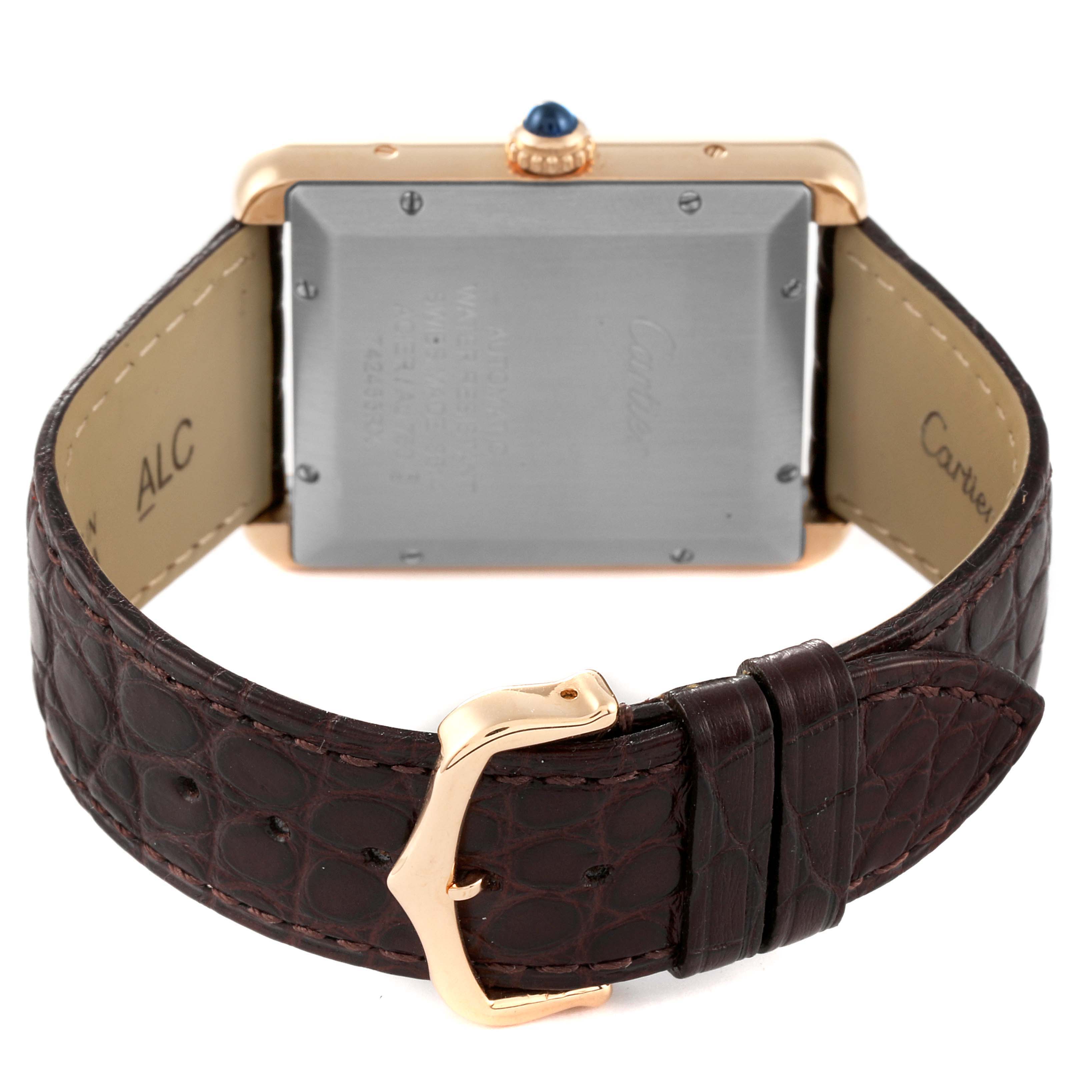 The image shows the back view of the Cartier Tank Solo W5200026 Men's Rose Gold Silver Dial W5200026 Men's Rose Gold Silver Dial watch, including the case back, leather strap, and buckle.