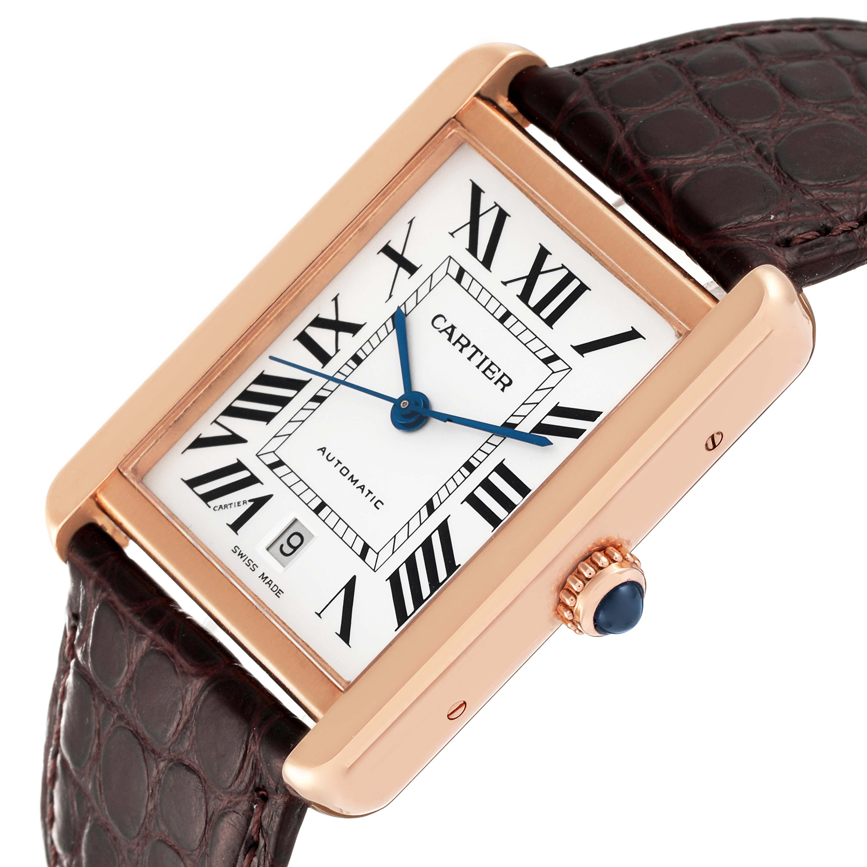 This image shows a Cartier Tank Solo W5200026 Men's Rose Gold Silver Dial W5200026 Men's Rose Gold Silver Dial watch at an angled view, highlighting its rectangular face, Roman numerals, and leather strap.
