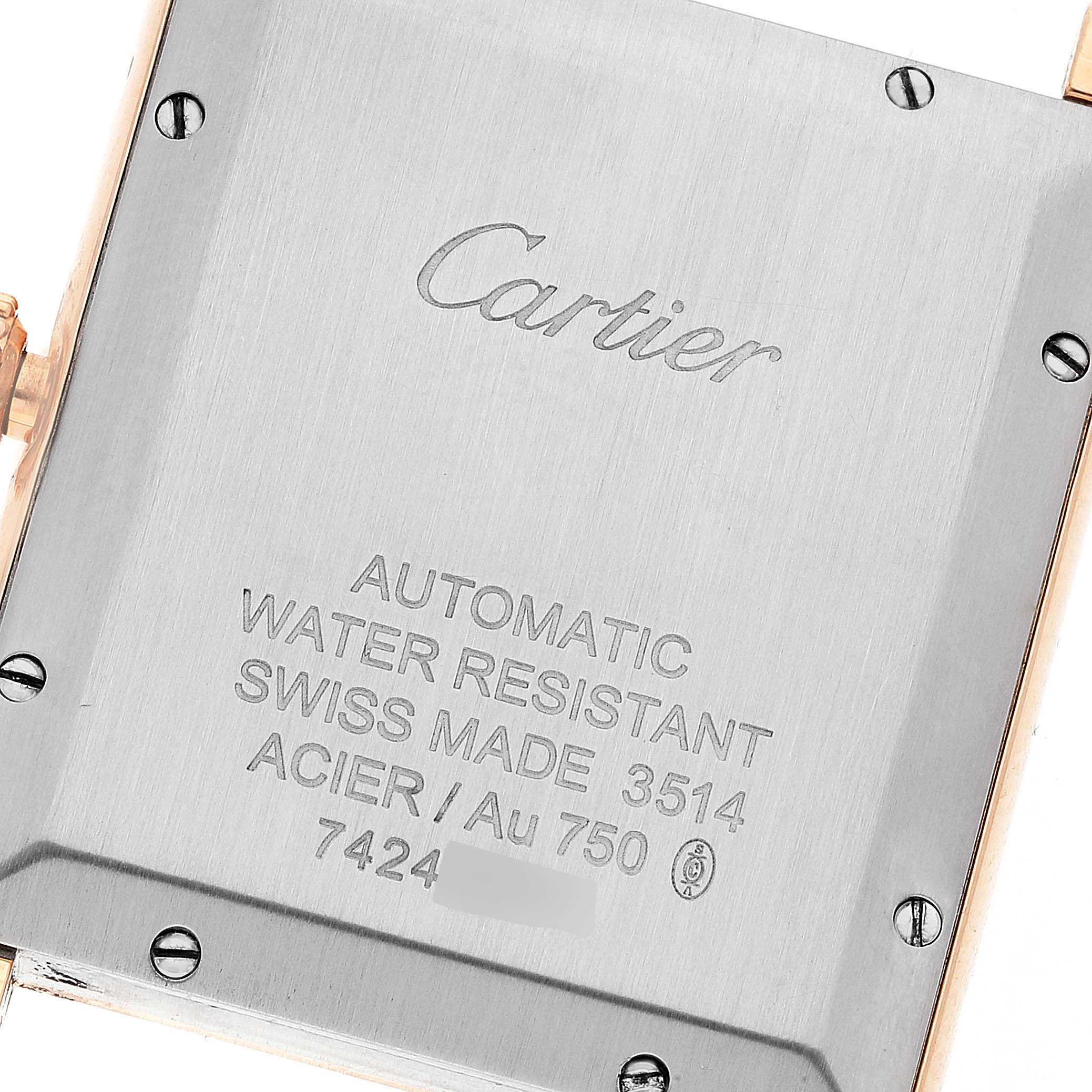 This image shows the back case of a Cartier Tank Solo W5200026 Men's Rose Gold Silver Dial W5200026 Men's Rose Gold Silver Dial watch, highlighting the engraved details and screws.