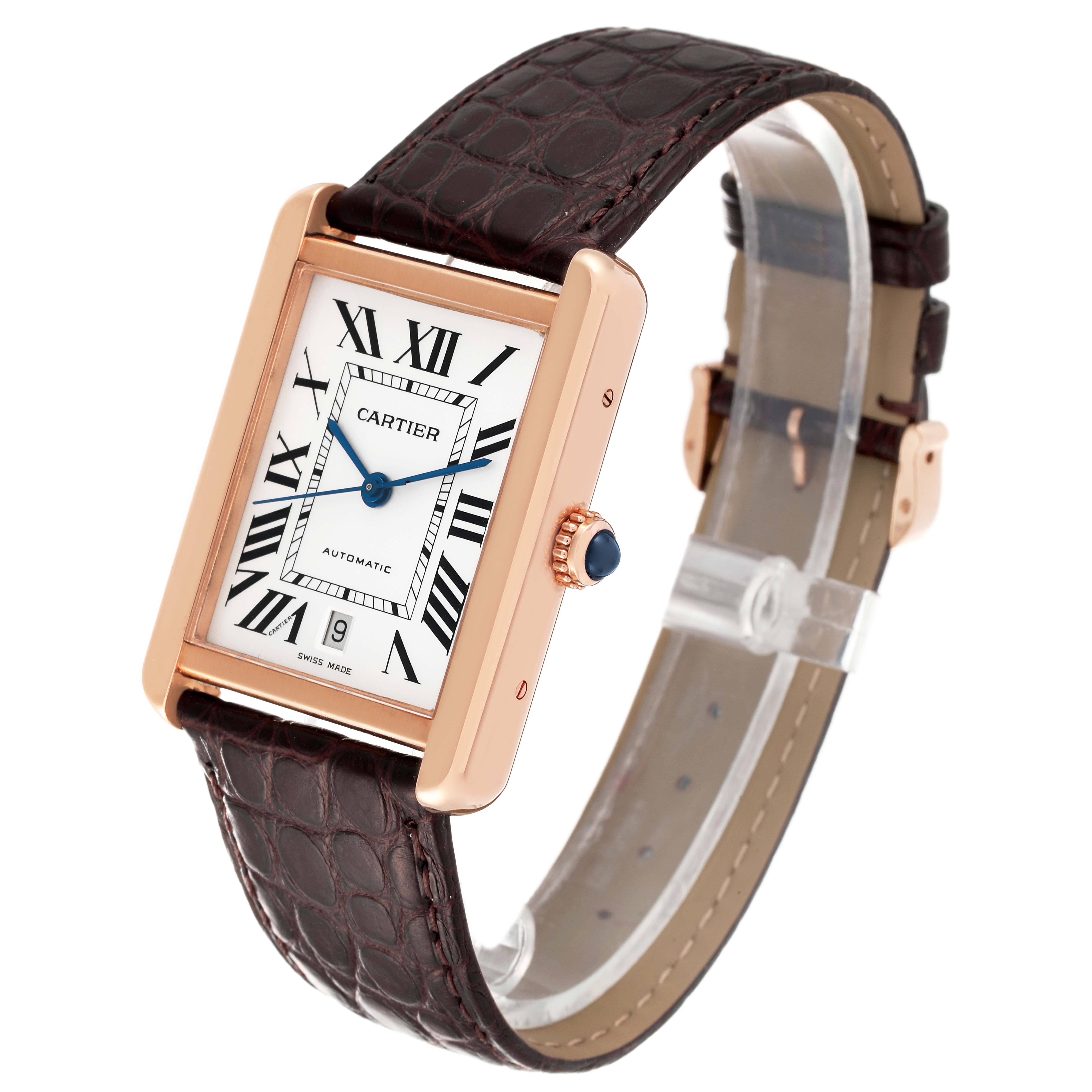 The image shows a Cartier Tank Solo W5200026 Men's Rose Gold Silver Dial W5200026 Men's Rose Gold Silver Dial watch at an oblique angle, featuring its rectangle dial, leather strap, and crown.