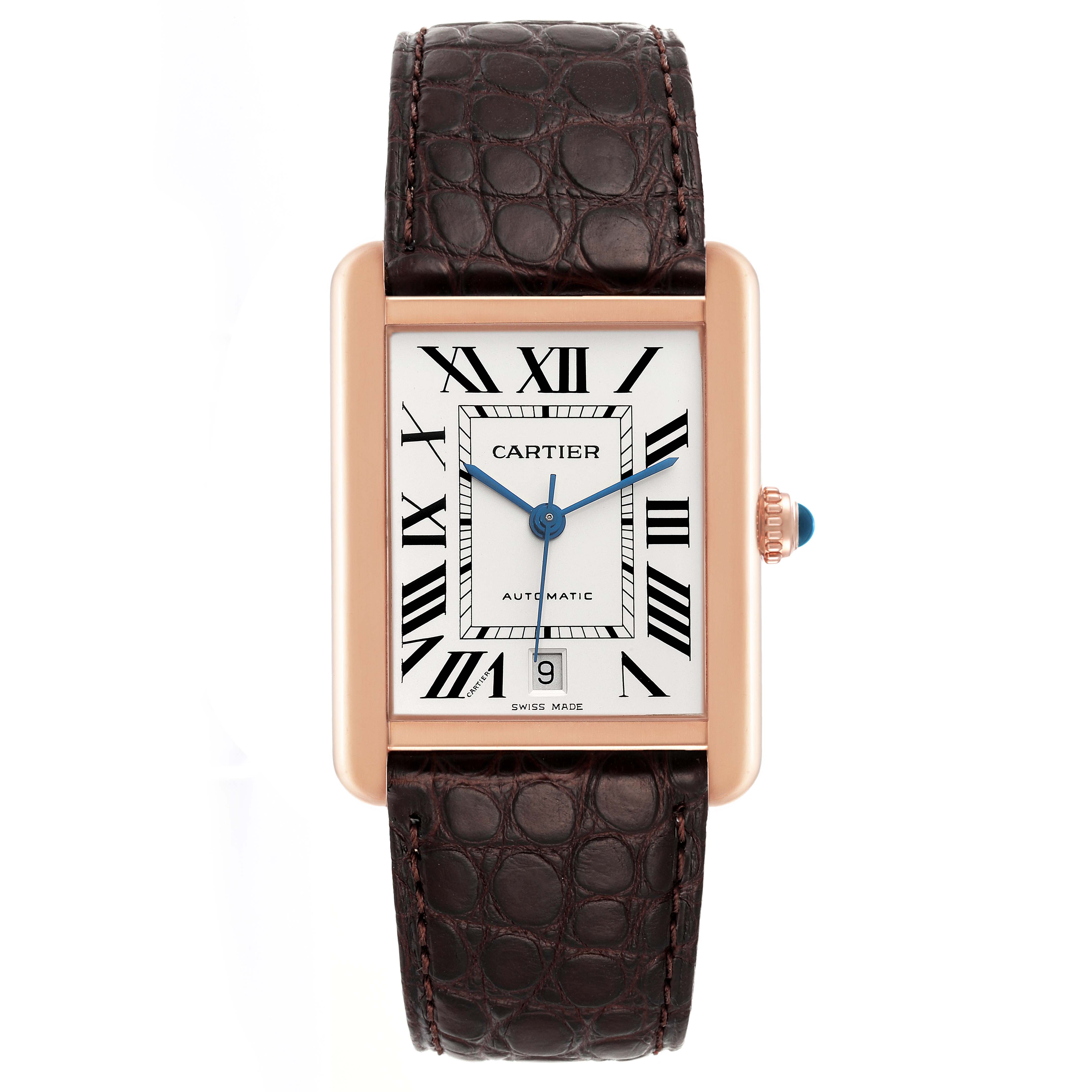 This image shows a front view of the Tank Solo model by Cartier, highlighting its rectangular case, dial, Roman numerals, and leather strap.