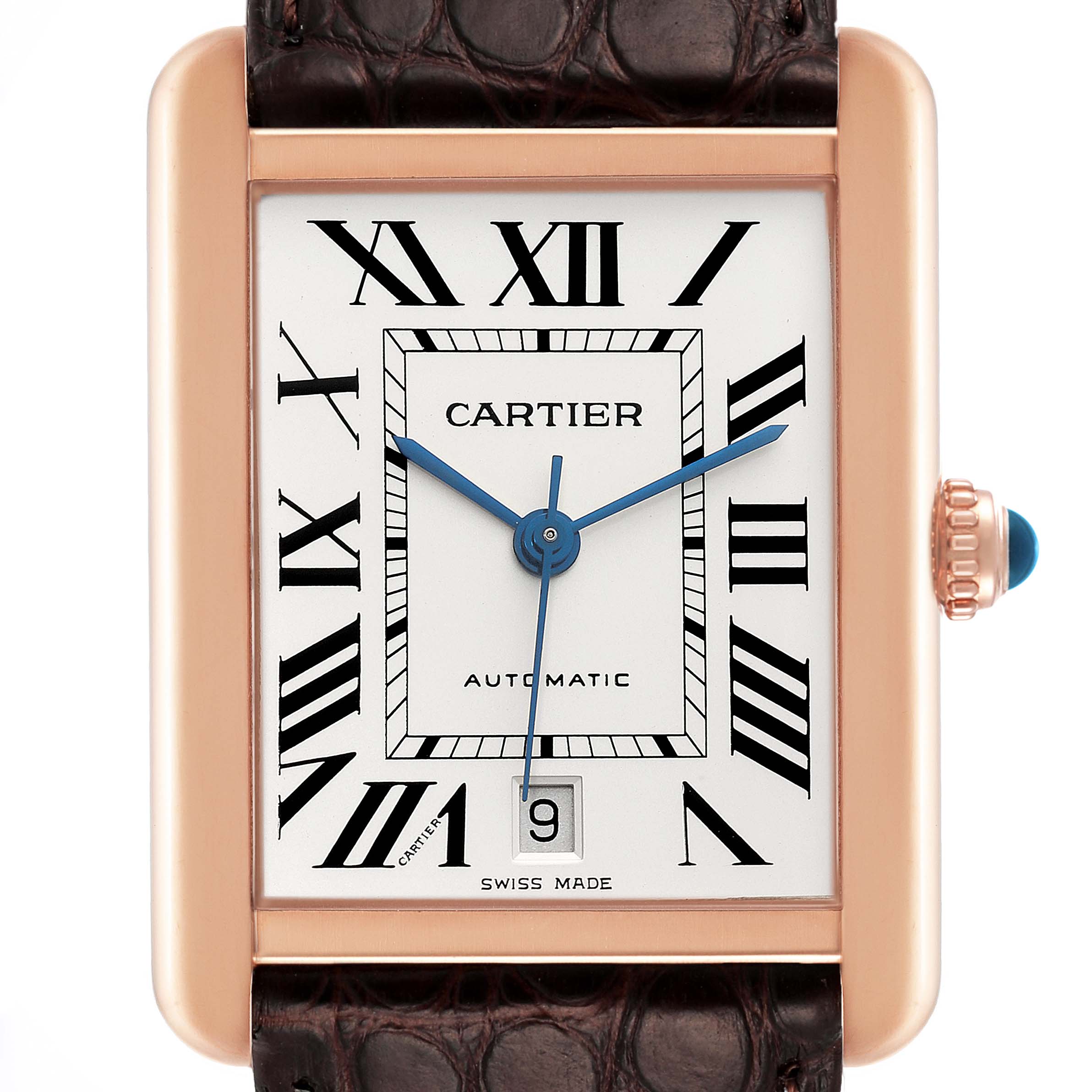 This image shows a close-up front view of the Cartier Tank Solo W5200026 Men's Rose Gold Silver Dial W5200026 Men's Rose Gold Silver Dial watch, highlighting its dial, hands, date window, and part of the leather strap.
