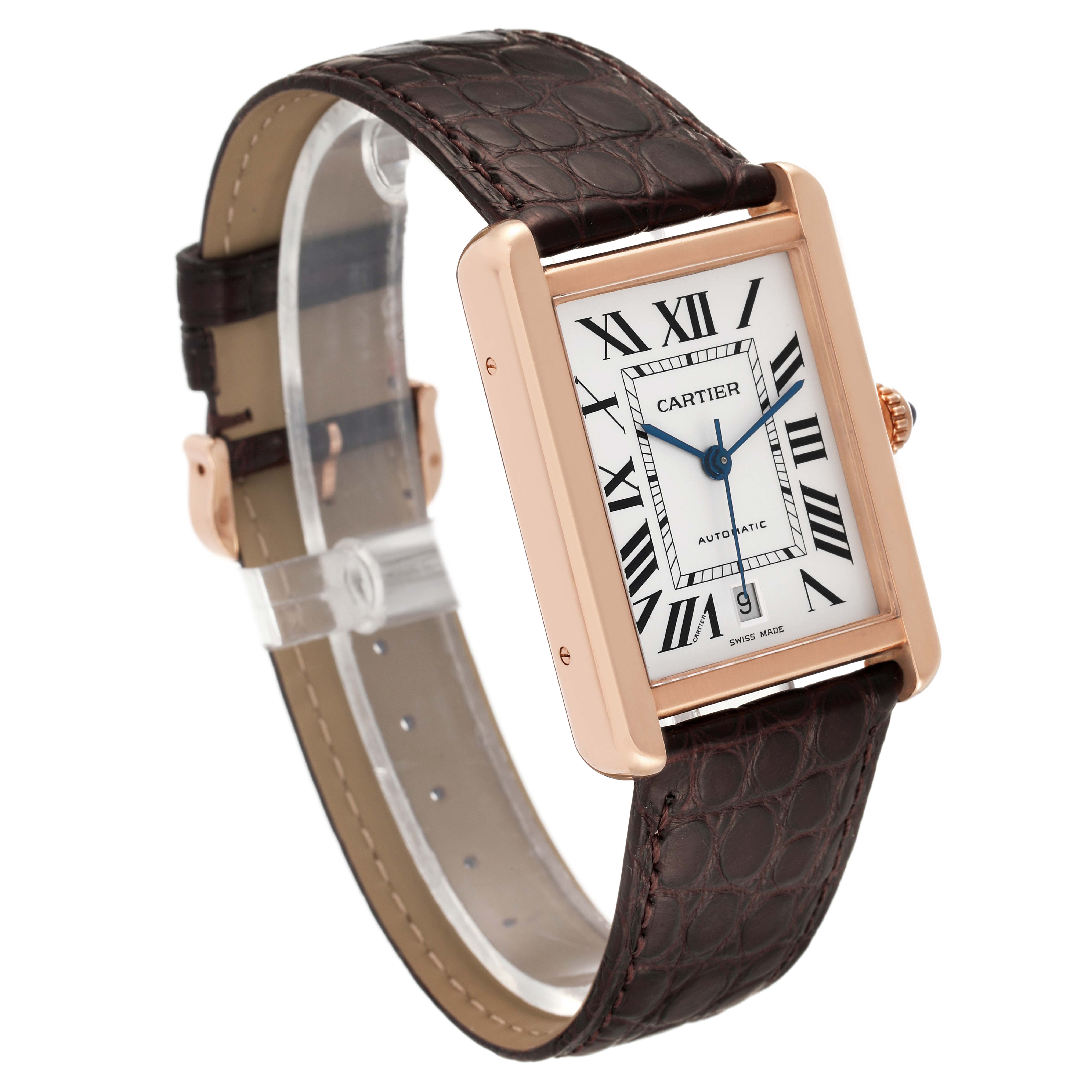 The Cartier Tank Solo W5200026 Men's Rose Gold Silver Dial W5200026 Men's Rose Gold Silver Dial watch is shown at an angle displaying its face, case, strap, and crown.