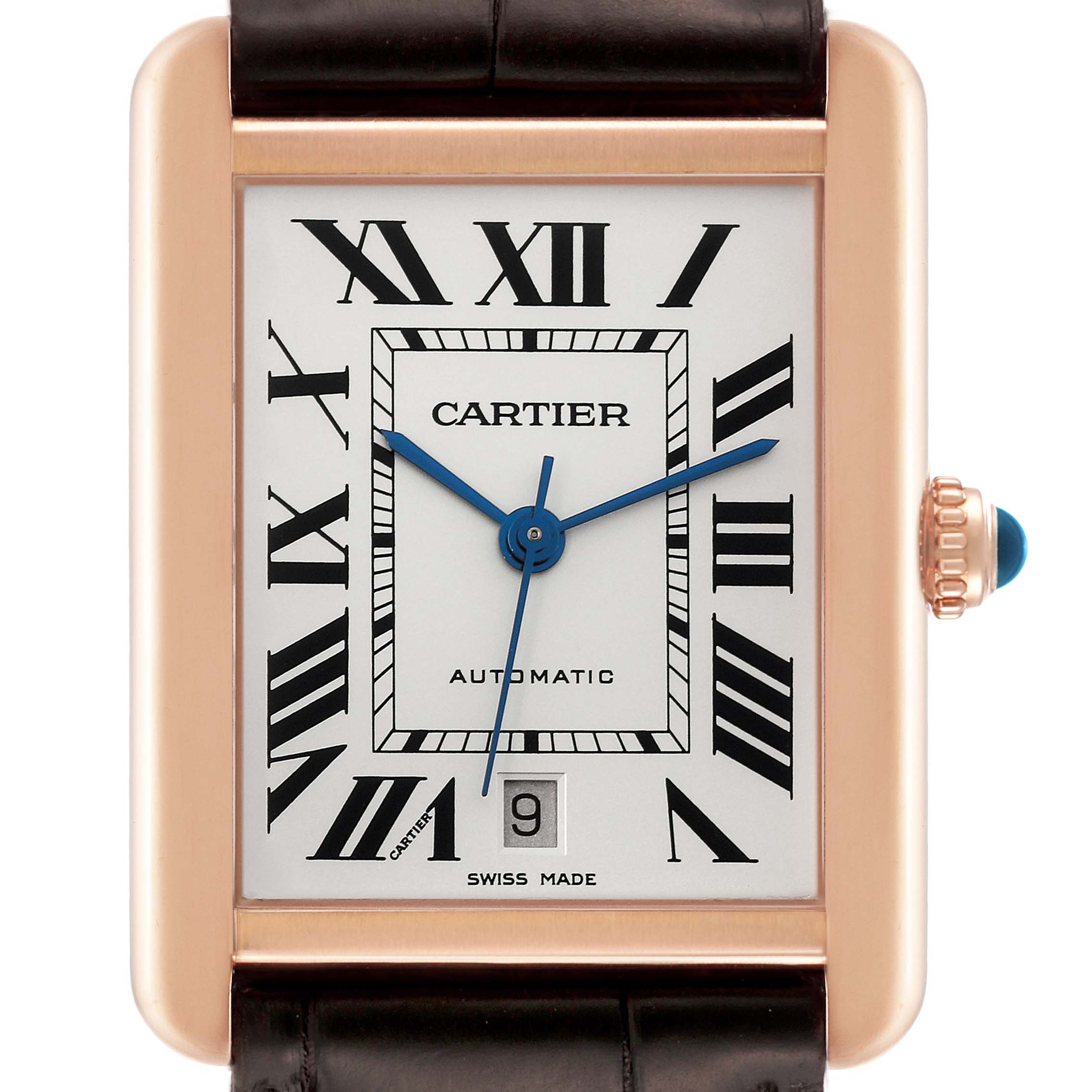 The image shows a close-up of the Cartier Tank Solo W5200026 Men
s Steel and Gold (two tone) Silver Dial W5200026 Men
s Steel and Gold (two tone) Silver Dial watch face, including its Roman numerals, hands, and date window.