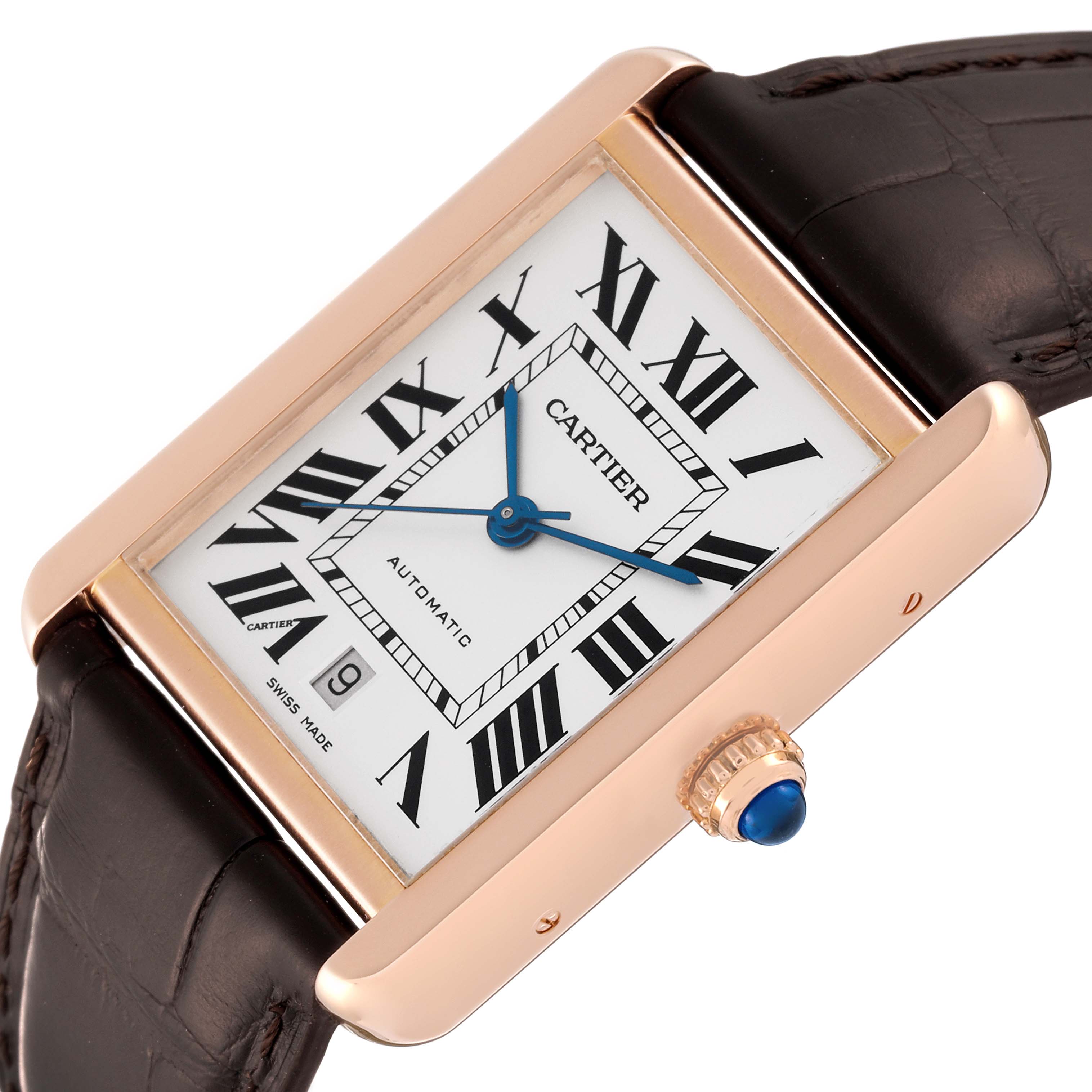 The image shows a close-up of the face, crown, and part of the leather strap of the Cartier Tank Solo W5200026 Men
s Steel and Gold (two tone) Silver Dial W5200026 Men
s Steel and Gold (two tone) Silver Dial watch.