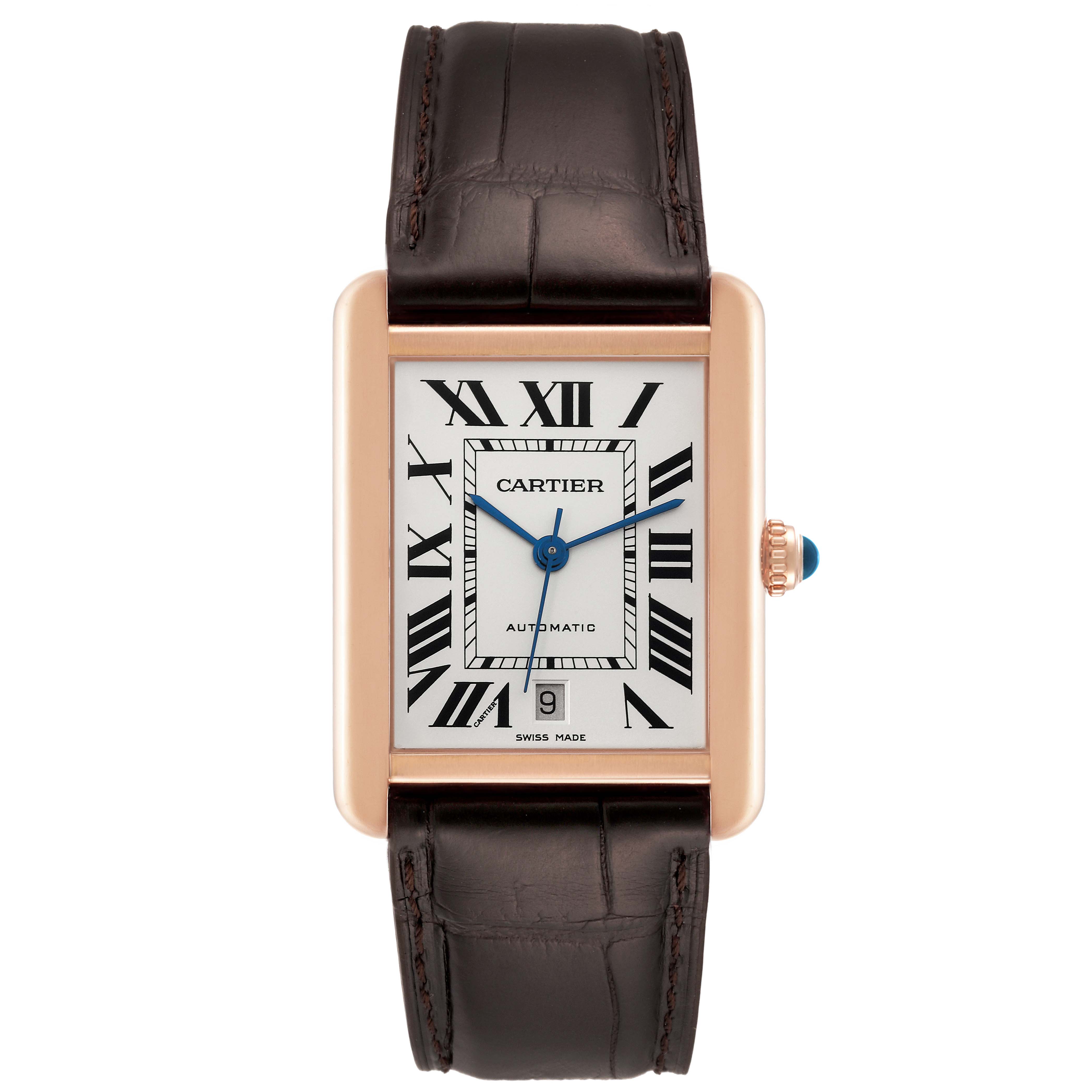 The image shows a frontal view of the Cartier Tank Solo W5200026 Men
s Steel and Gold (two tone) Silver Dial W5200026 Men
s Steel and Gold (two tone) Silver Dial watch, featuring its rectangular face, Roman numerals, and leather strap.