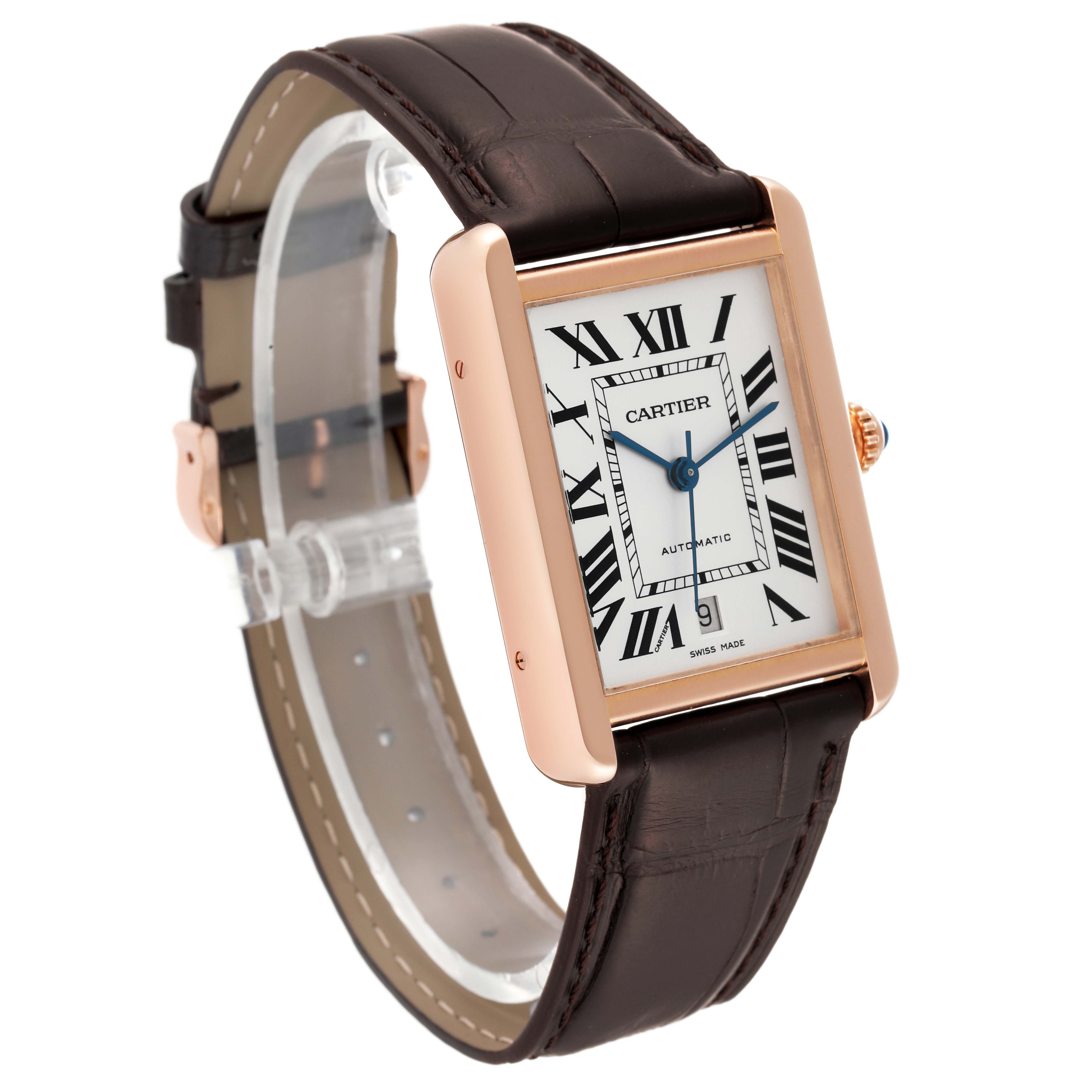 The image shows a Cartier Tank Solo W5200026 Men
s Steel and Gold (two tone) Silver Dial W5200026 Men
s Steel and Gold (two tone) Silver Dial watch at a three-quarter angle, highlighting the rectangular case, dial, and leather strap.