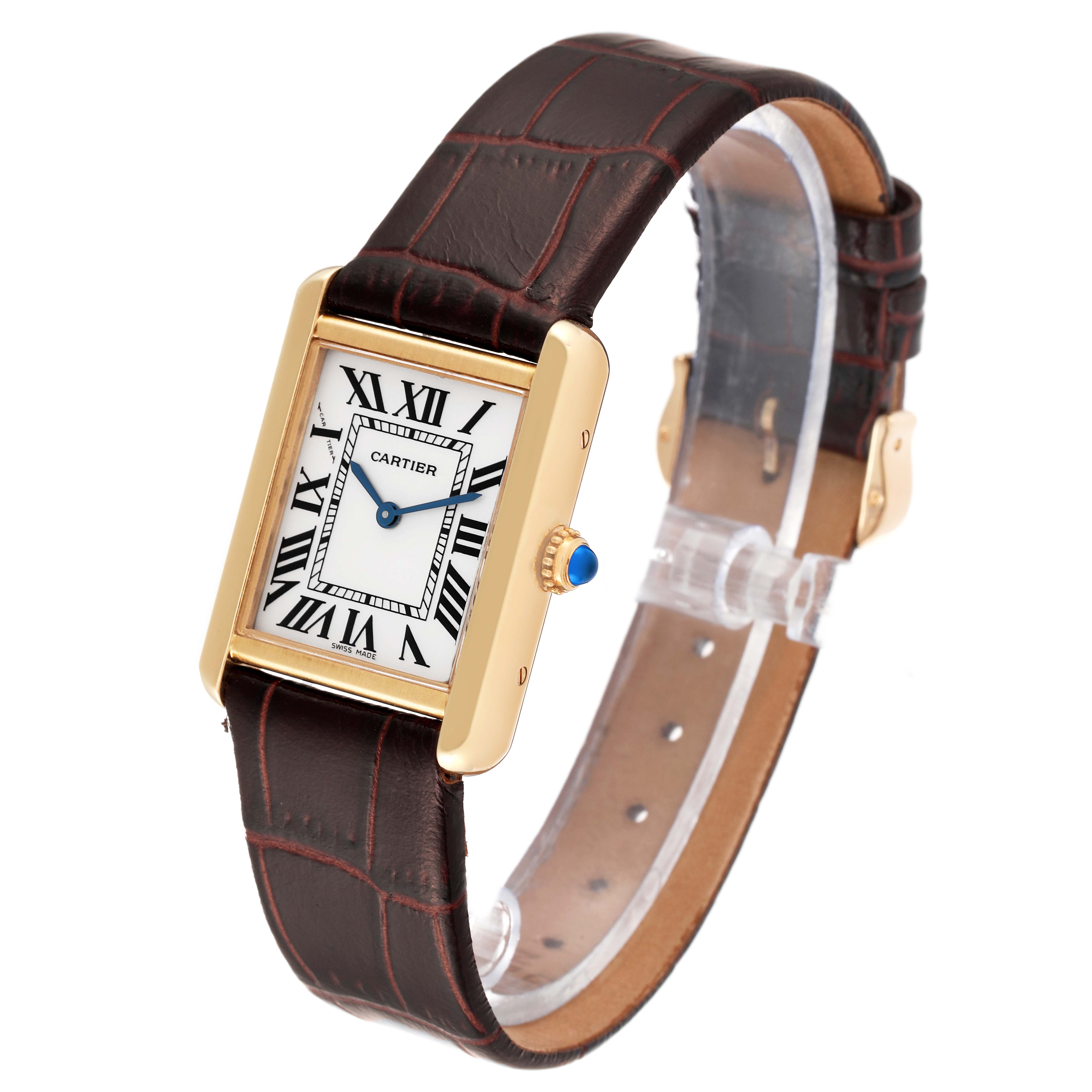 This image shows a Cartier Tank Solo W5200002 Women
s Steel and Gold (two tone) Silver Dial W5200002 Women
s Steel and Gold (two tone) Silver Dial watch at a slight angle, highlighting the leather strap, Roman numeral dial, and gold case.