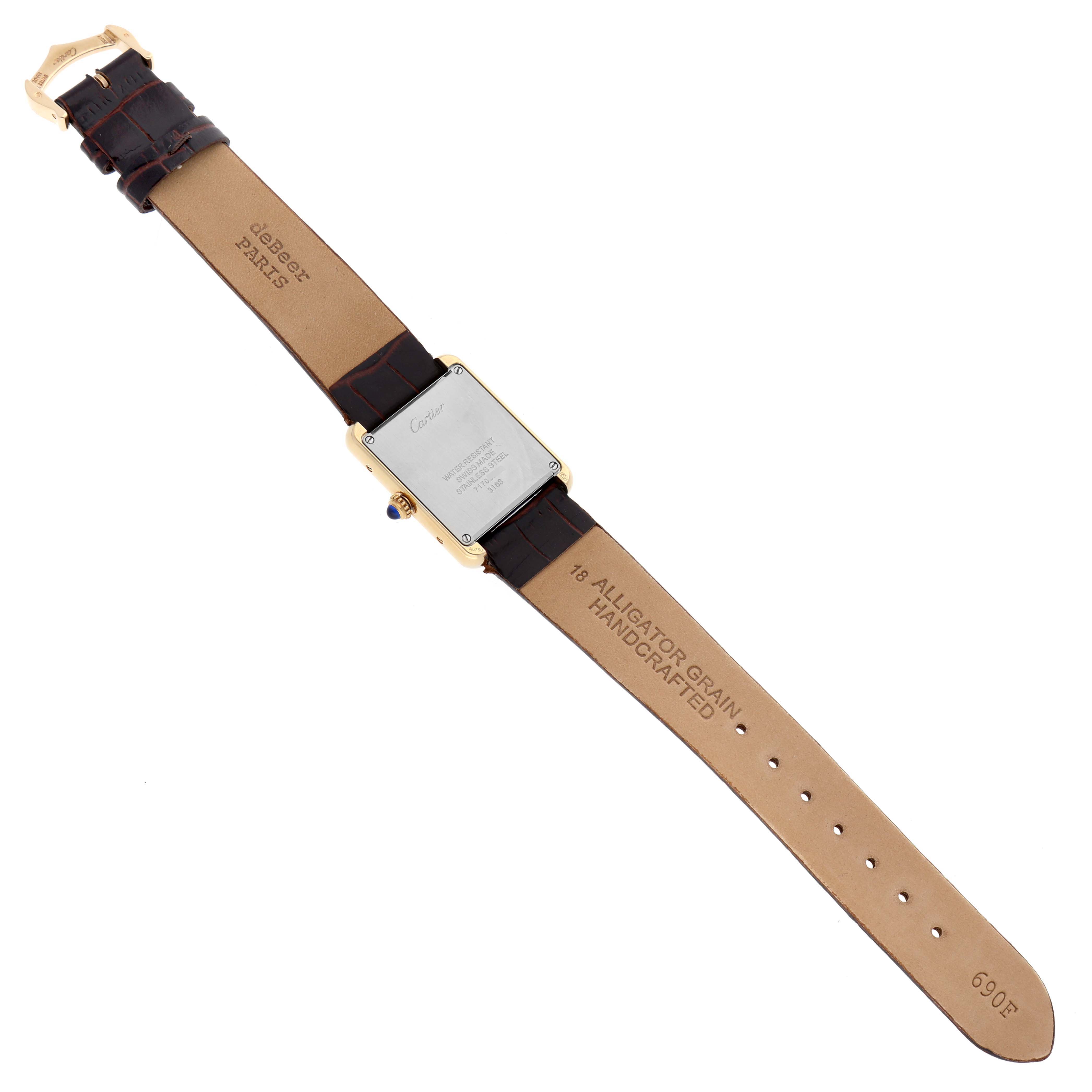 The image shows the back view of a Cartier Tank Solo W5200002 Women
s Steel and Gold (two tone) Silver Dial W5200002 Women
s Steel and Gold (two tone) Silver Dial watch, highlighting the leather strap and case back details.