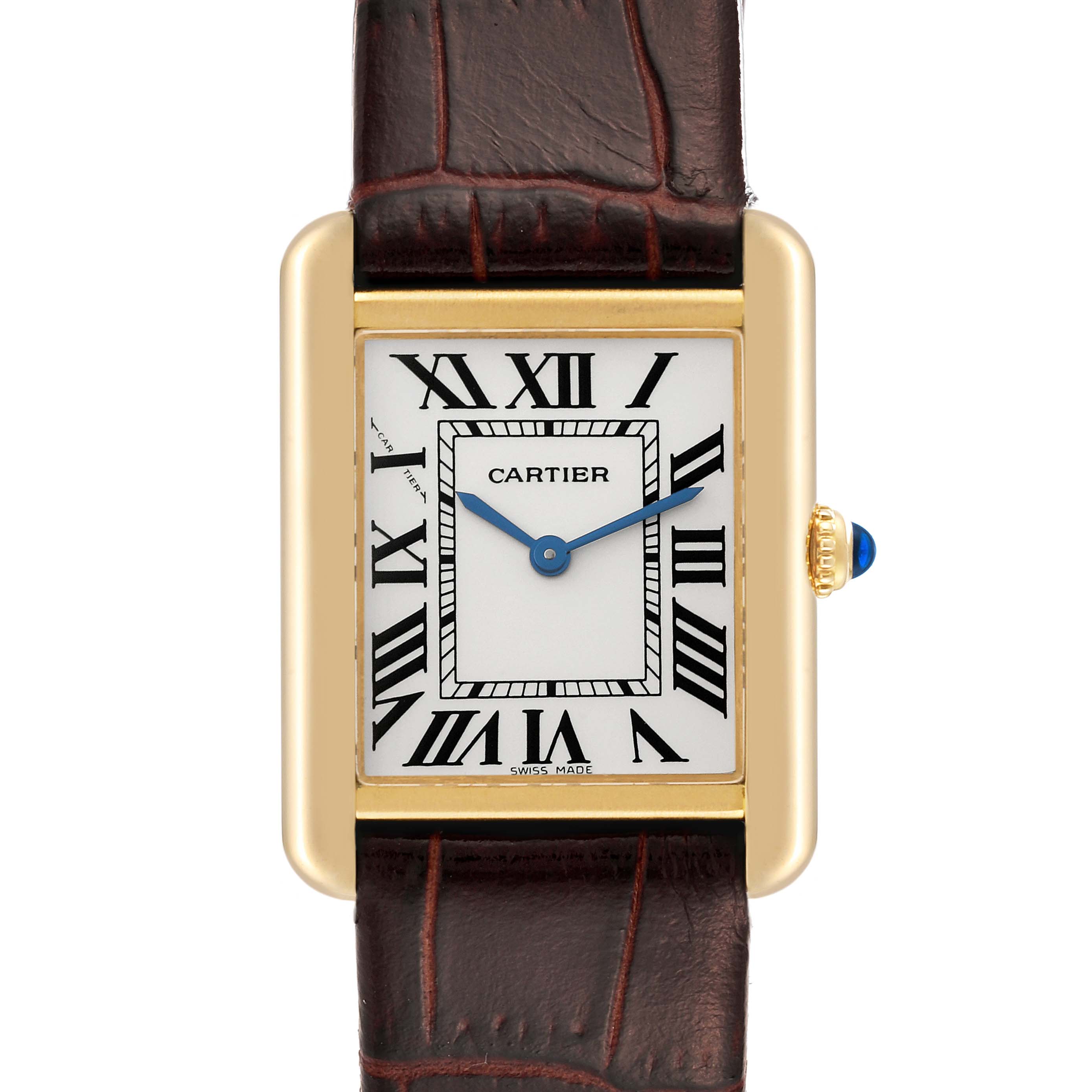 This image shows the front view of the Cartier Tank Solo W5200002 Women
s Steel and Gold (two tone) Silver Dial W5200002 Women
s Steel and Gold (two tone) Silver Dial watch, featuring its dial, leather strap, and crown with a blue cabochon.