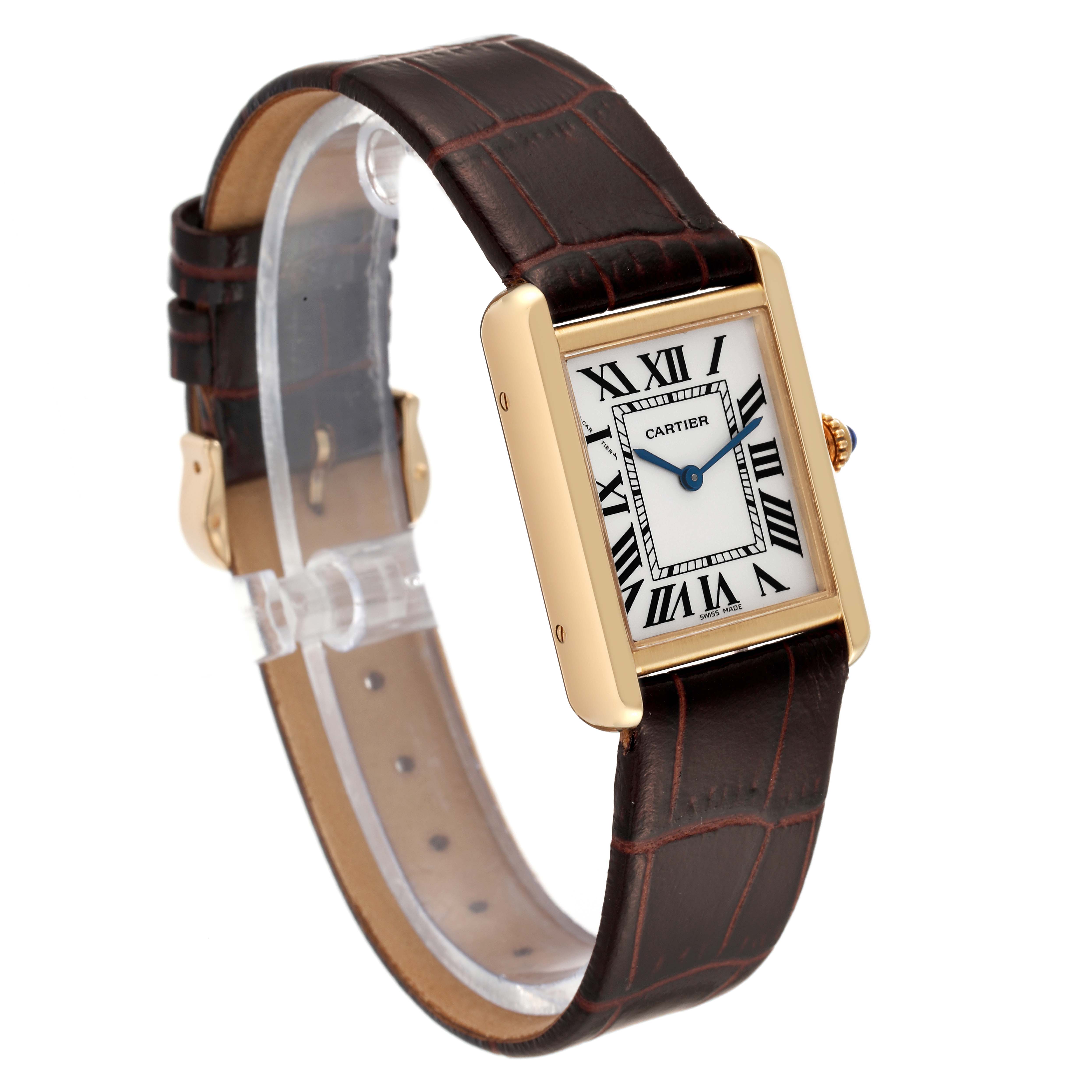The image shows a Cartier Tank Solo W5200002 Women
s Steel and Gold (two tone) Silver Dial W5200002 Women
s Steel and Gold (two tone) Silver Dial watch at a side angle, featuring the face, crown, and leather strap.