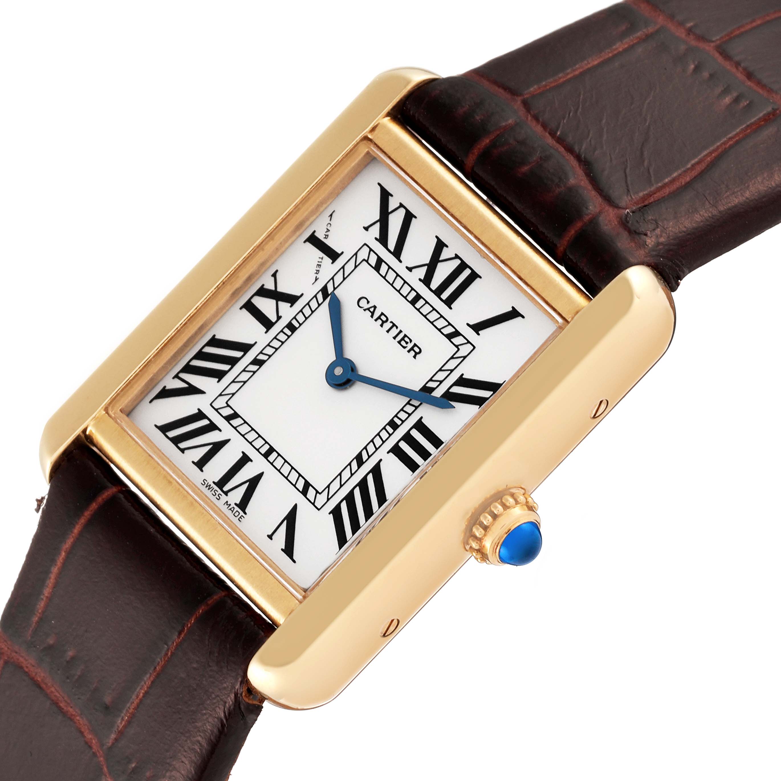 The Cartier Tank Solo W5200002 Women
s Steel and Gold (two tone) Silver Dial W5200002 Women
s Steel and Gold (two tone) Silver Dial watch is shown at an angle displaying the face, Roman numerals, hands, crown, and part of the leather strap.