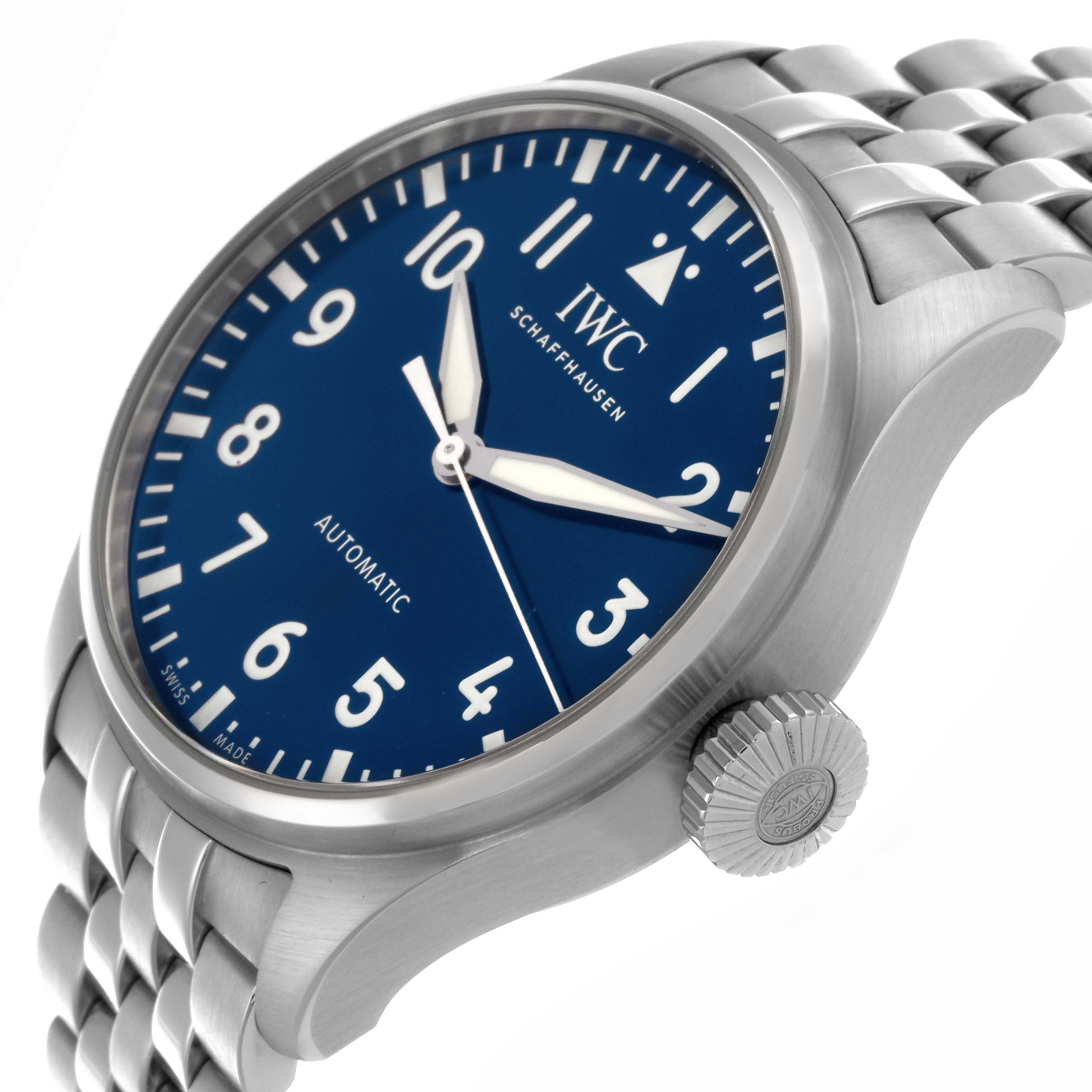 The IWC Pilot IW329304 Men's Stainless Steel Blue Dial IW329304 Men's Stainless Steel Blue Dial watch is shown at a slight angle, displaying the dial, bezel, crown, and stainless steel bracelet.