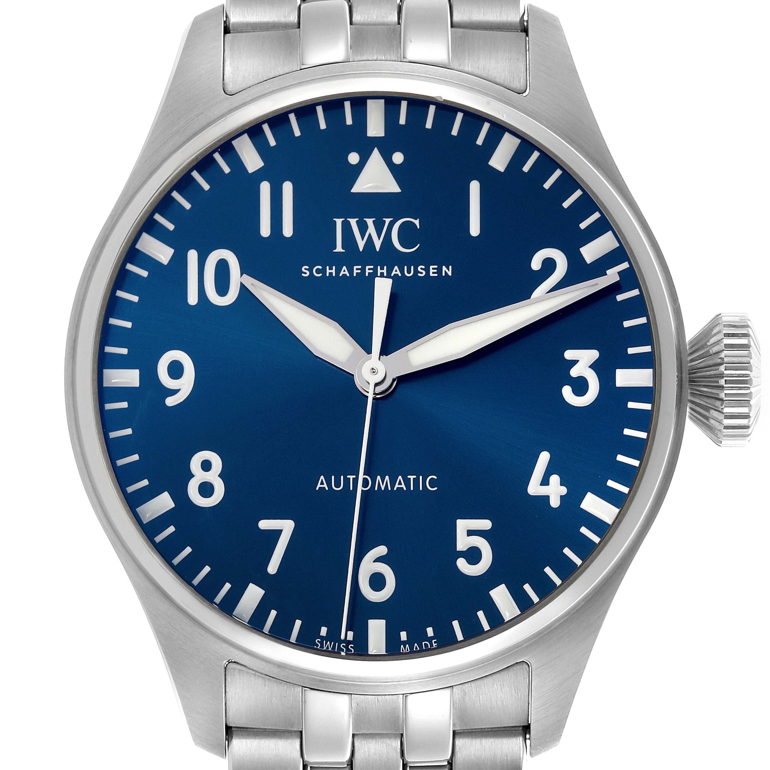 The IWC Pilot IW329304 Men's Stainless Steel Blue Dial IW329304 Men's Stainless Steel Blue Dial watch is shown from a front view, highlighting the blue dial and metal bracelet.