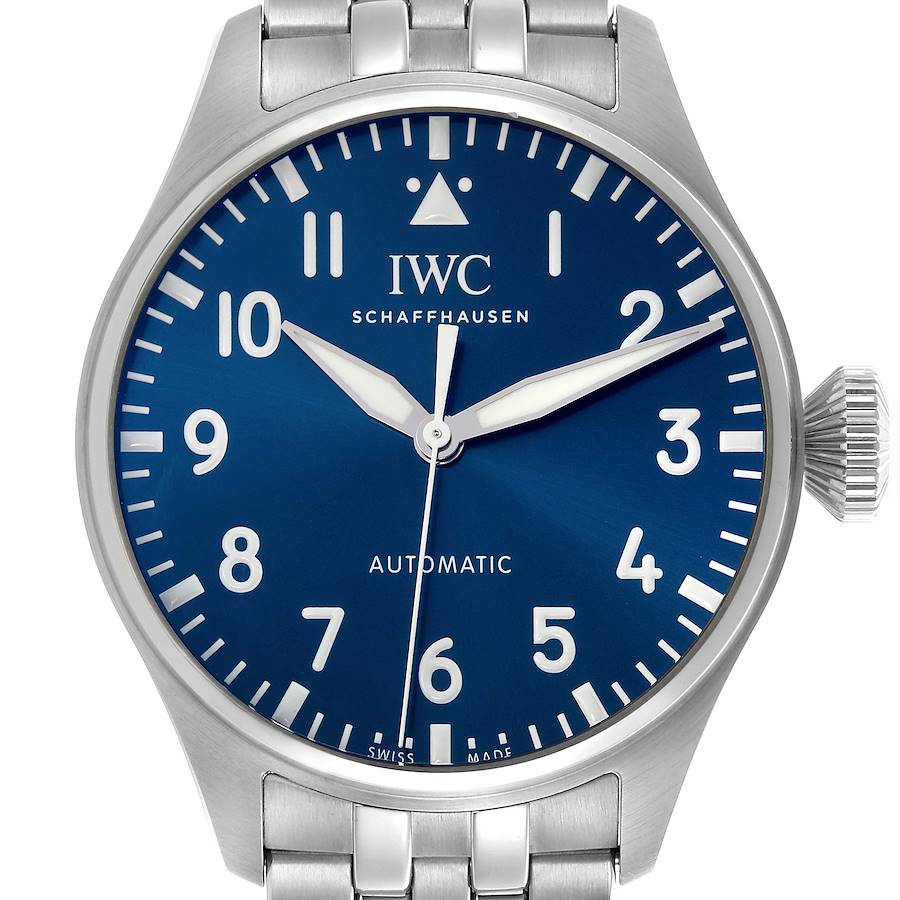 The IWC Pilot watch is shown from a front view, highlighting the blue dial and metal bracelet.