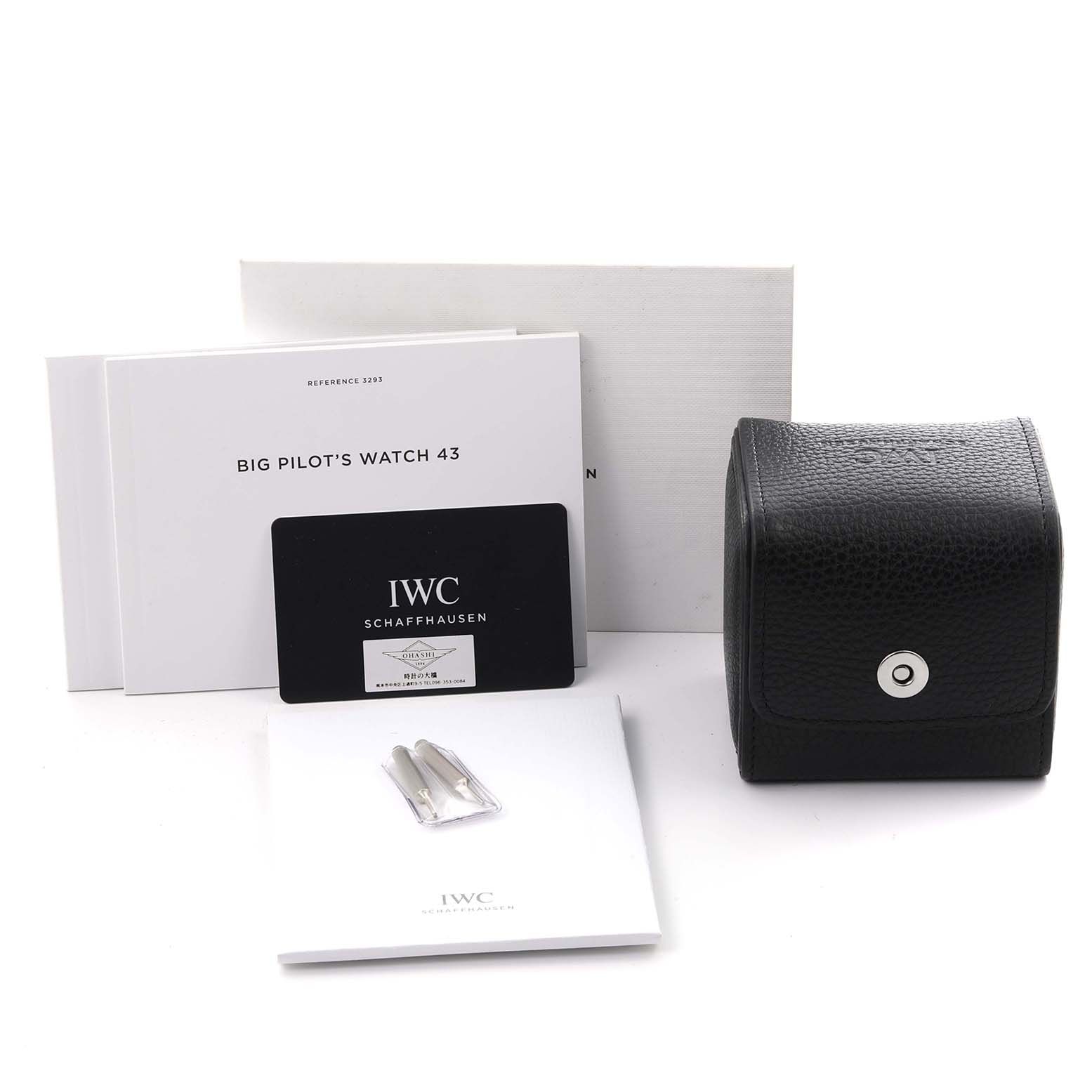 The image shows the box, manuals, and card for the IWC Big Pilot’s Watch 43.