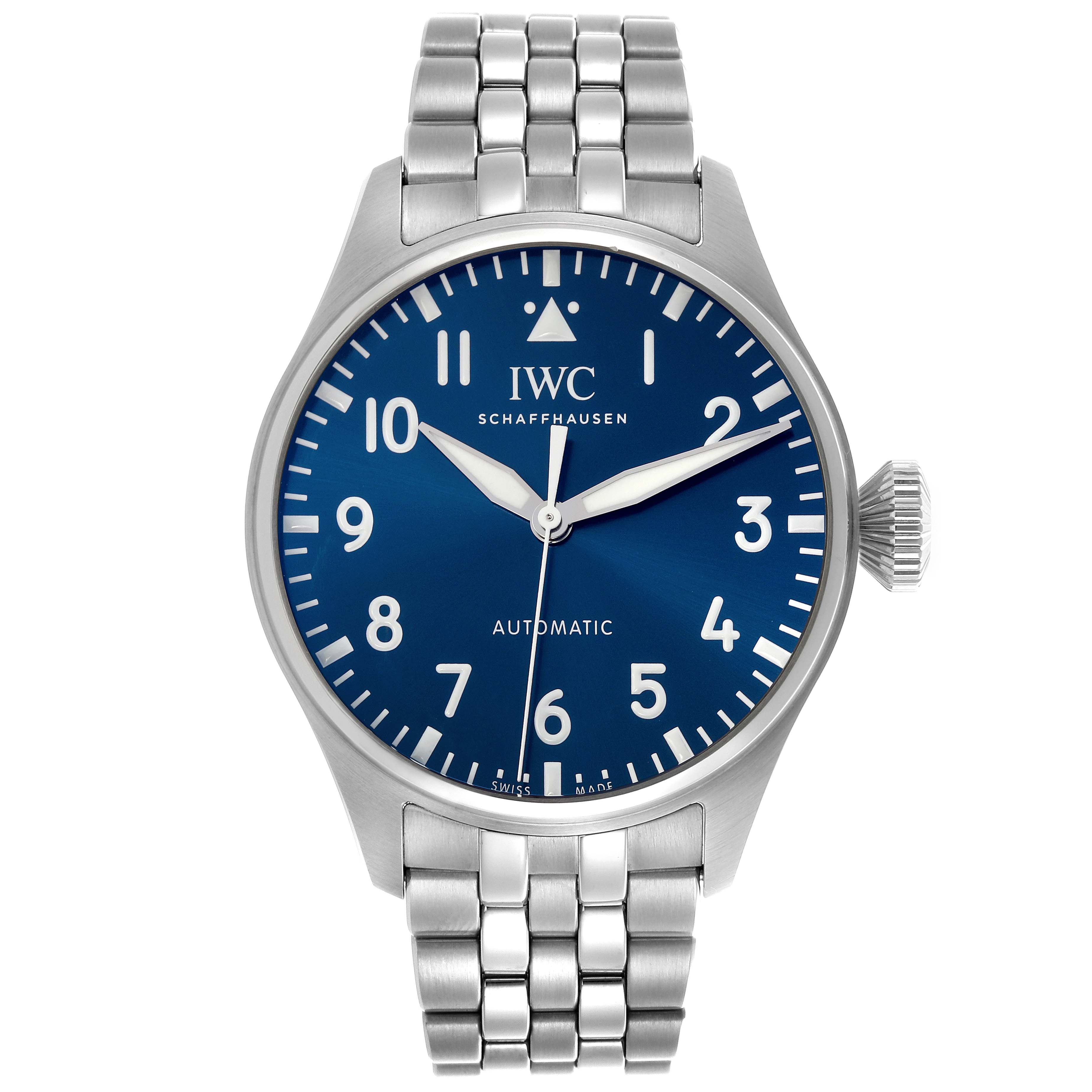 The IWC Pilot IW329304 Men's Stainless Steel Blue Dial IW329304 Men's Stainless Steel Blue Dial watch is shown from the front, displaying its blue dial, silver case, and bracelet.