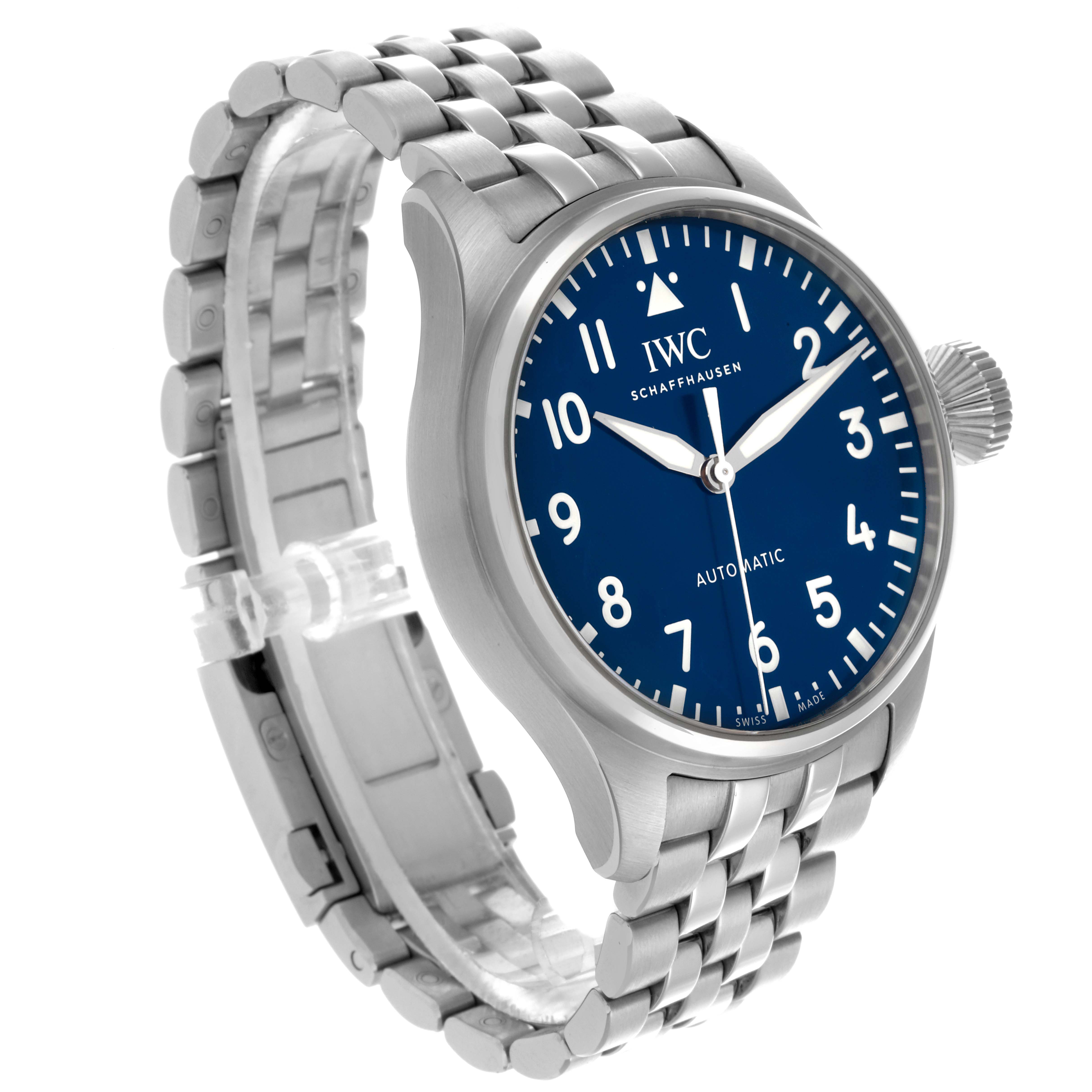 The IWC Pilot IW329304 Men's Stainless Steel Blue Dial IW329304 Men's Stainless Steel Blue Dial watch is shown from a side angle, displaying the face, bezel, bracelet, and crown.
