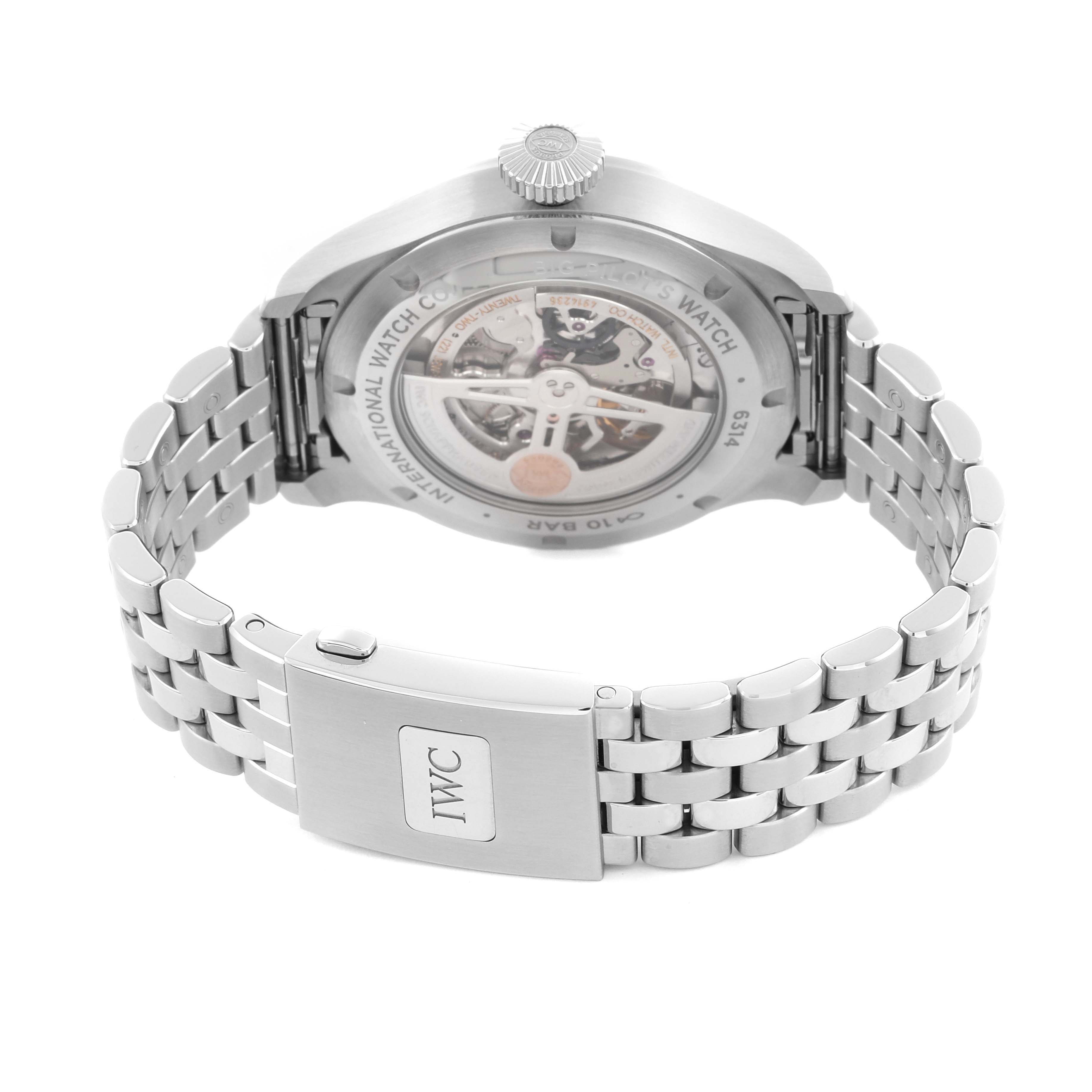 The IWC Pilot IW329304 Men's Stainless Steel Blue Dial IW329304 Men's Stainless Steel Blue Dial watch is shown from the back, highlighting the caseback and metal bracelet.