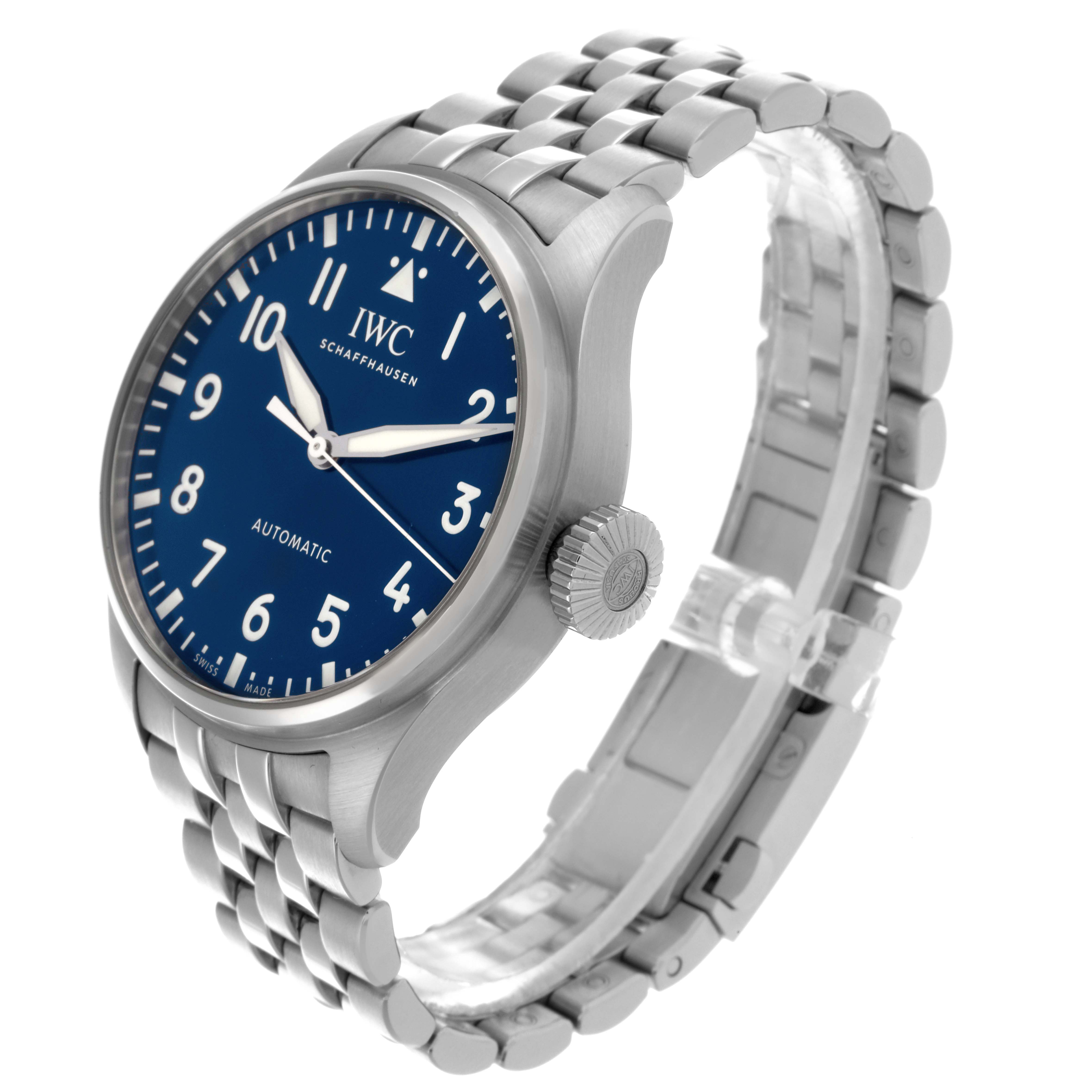The IWC Pilot IW329304 Men's Stainless Steel Blue Dial IW329304 Men's Stainless Steel Blue Dial watch is shown at a side angle, displaying the face, crown, and metal bracelet.