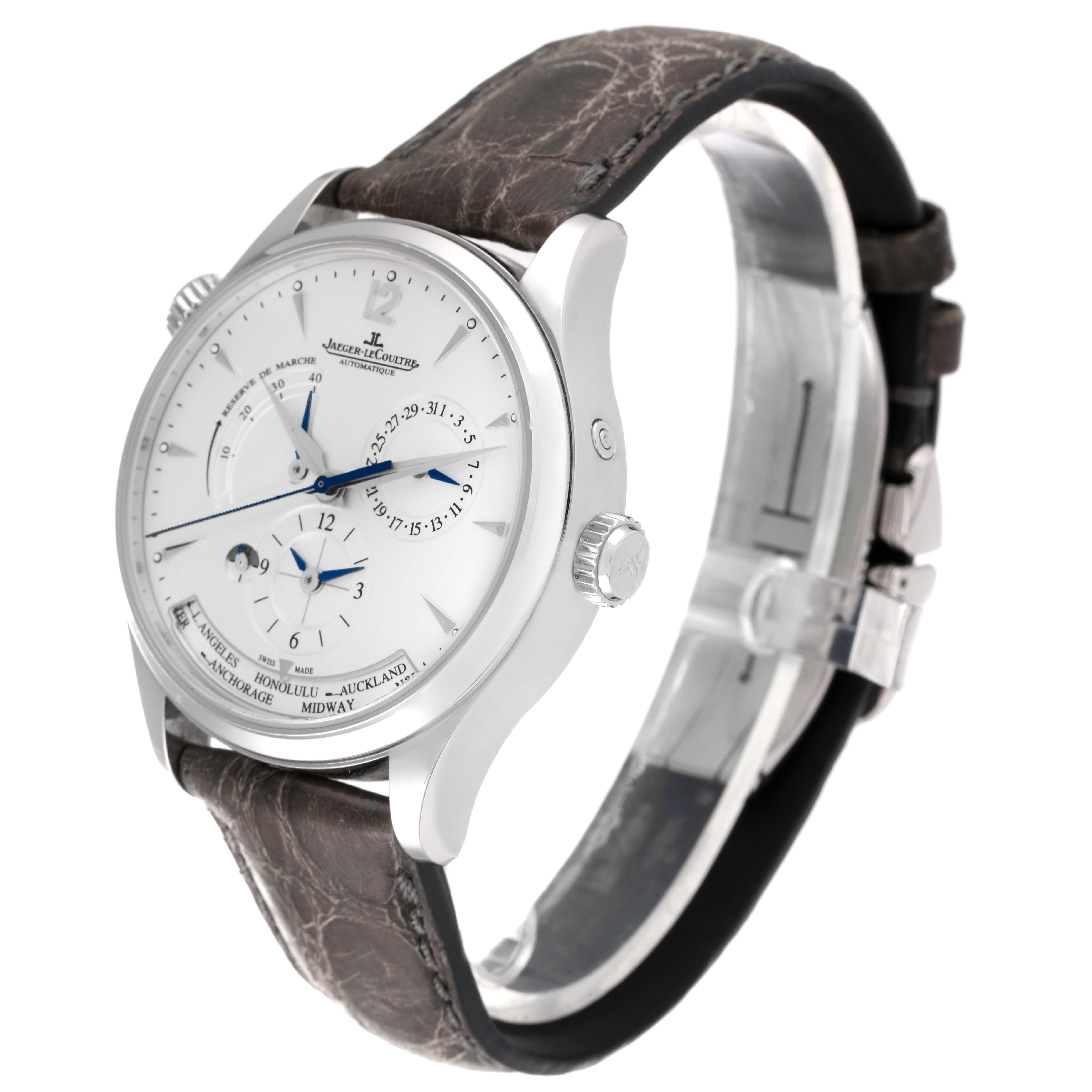 This image shows a Jaeger LeCoultre Master Q1428421 Men's Stainless Steel Silver Dial Q1428421 Men's Stainless Steel Silver Dial model watch from an oblique angle, highlighting the face, case, and strap.