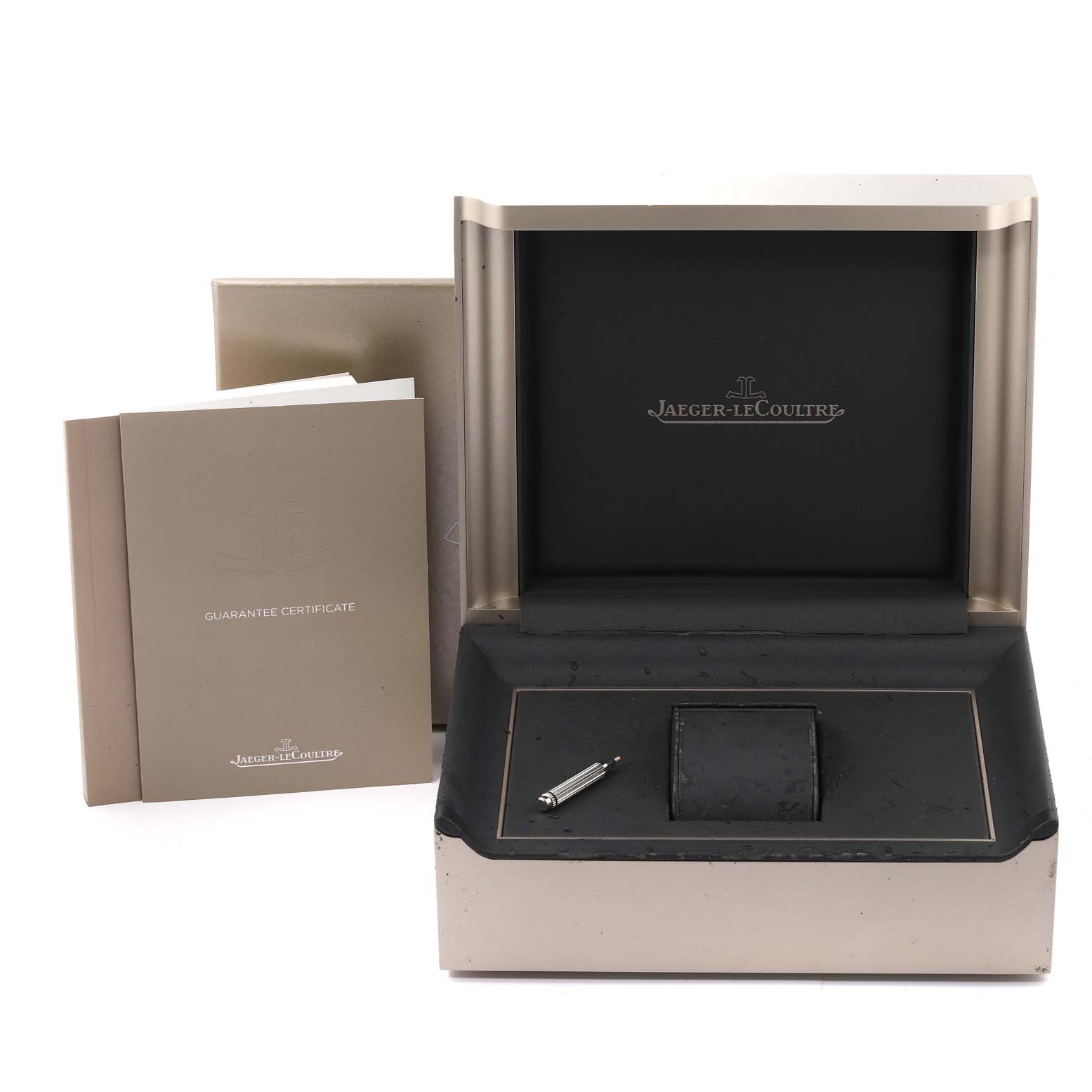 The image shows a Jaeger-LeCoultre Master model watch box, a guarantee certificate, and a small tool.