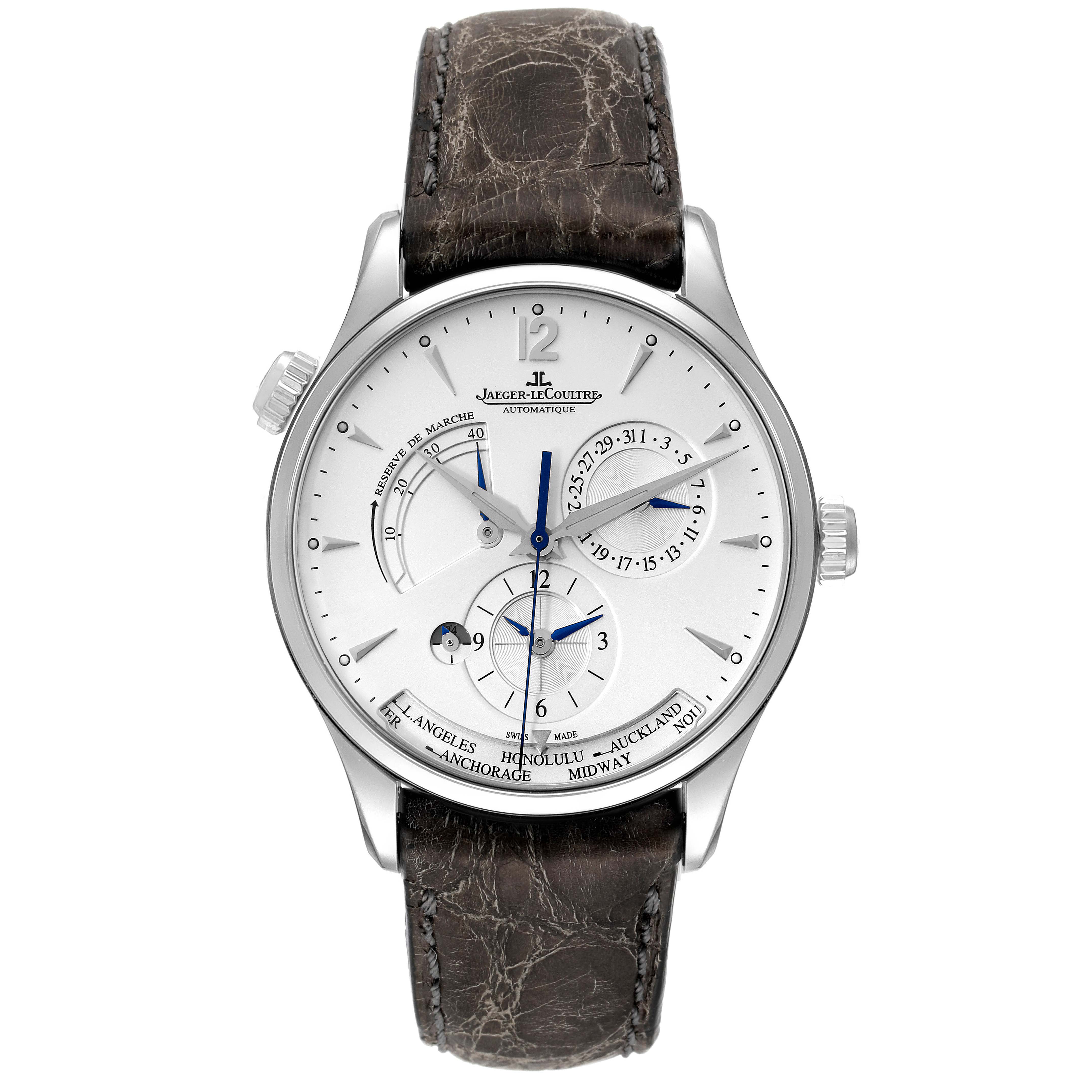 The Jaeger-LeCoultre Master model watch is shown from a front angle displaying its face, dials, and leather strap.