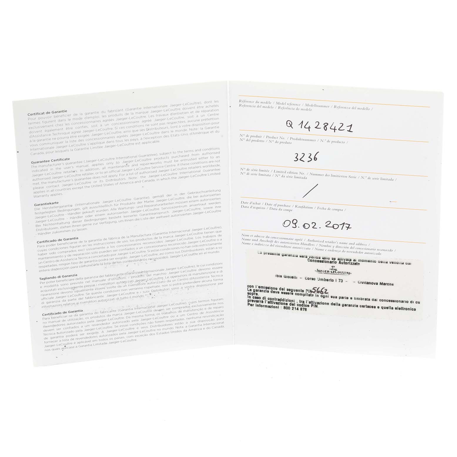 This image shows an opened guarantee certificate for the Jaeger LeCoultre Master Q1428421 Men's Stainless Steel Silver Dial Q1428421 Men's Stainless Steel Silver Dial model watch.