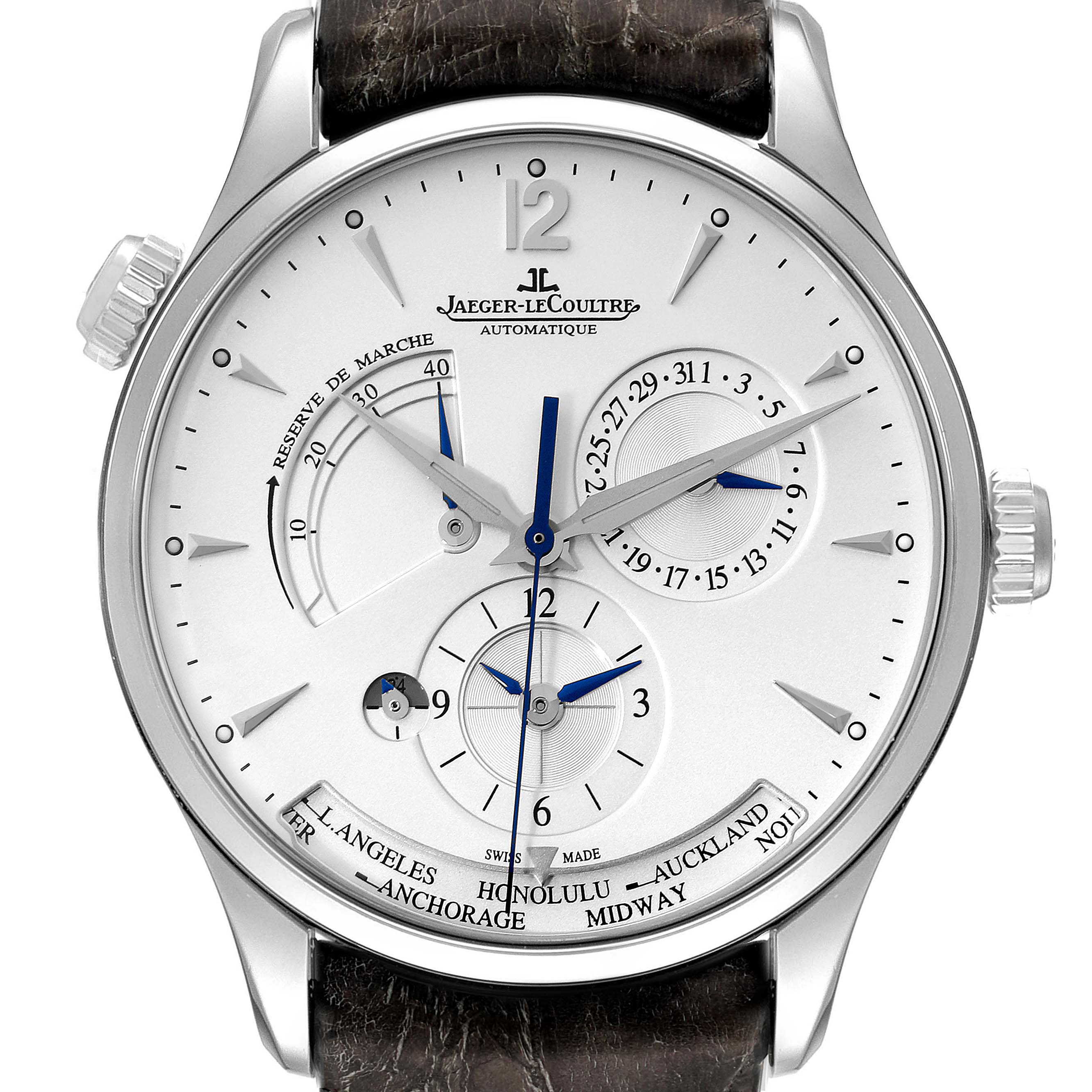 The Jaeger-LeCoultre Master model watch is shown from a front angle, displaying its dials and indicators intricately.