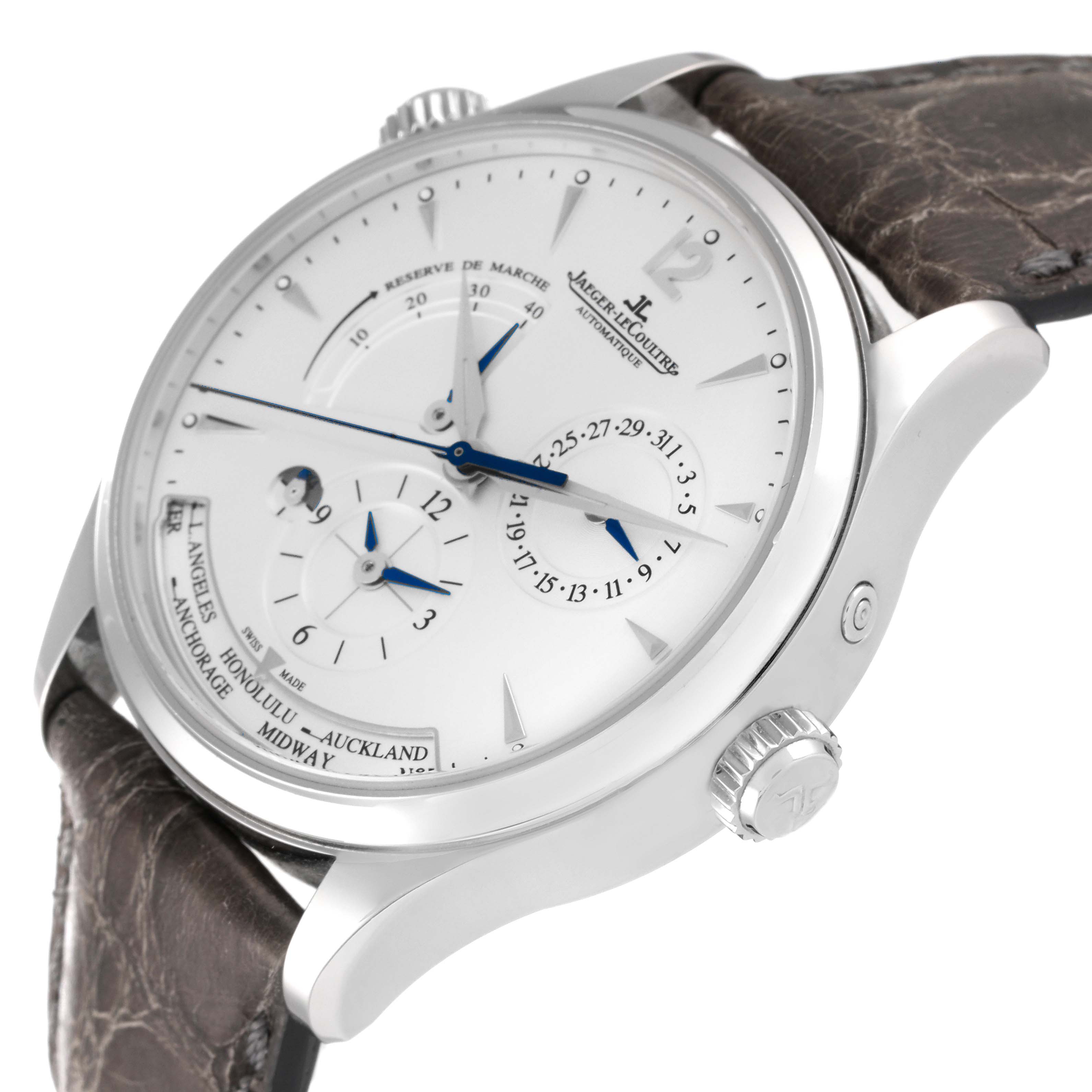 The Jaeger LeCoultre Master Q1428421 Men's Stainless Steel Silver Dial Q1428421 Men's Stainless Steel Silver Dial model watch is shown at a slight front angle, highlighting the face, crown, and part of the strap.