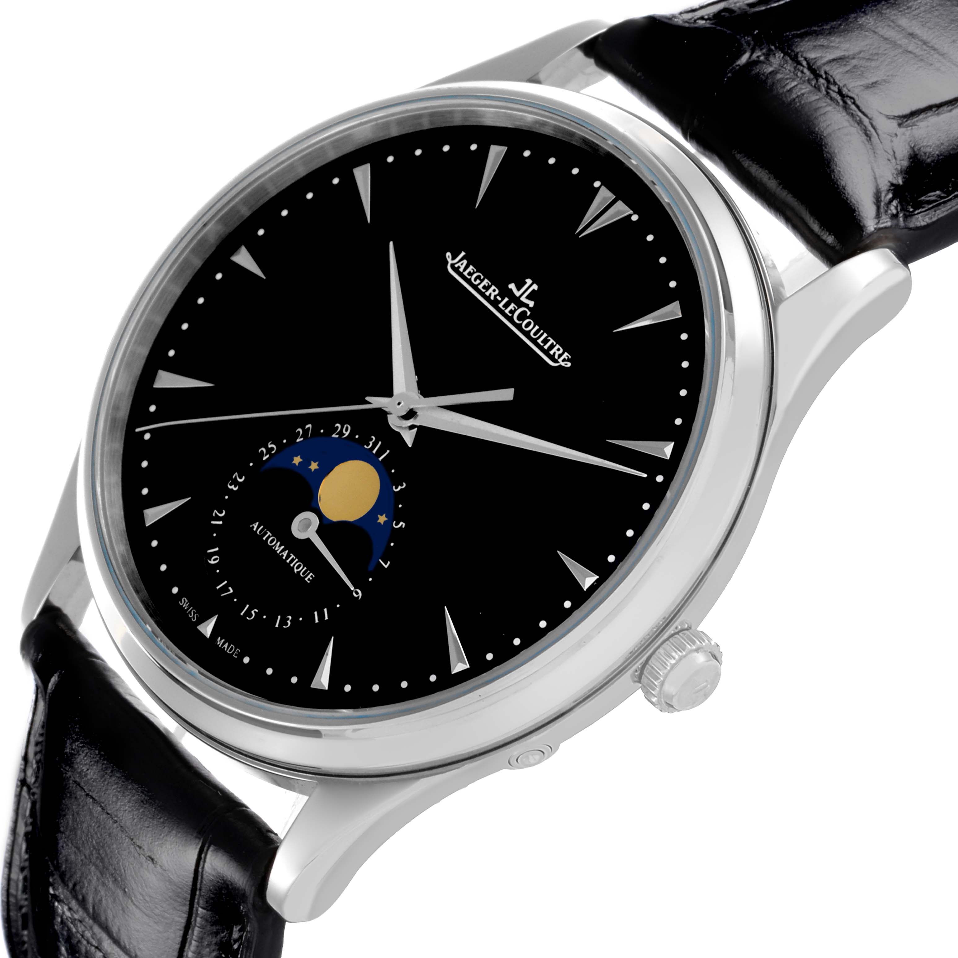 The Jaeger-LeCoultre Master watch is shown at an angled view, displaying the dial, moon phase, and black leather strap.