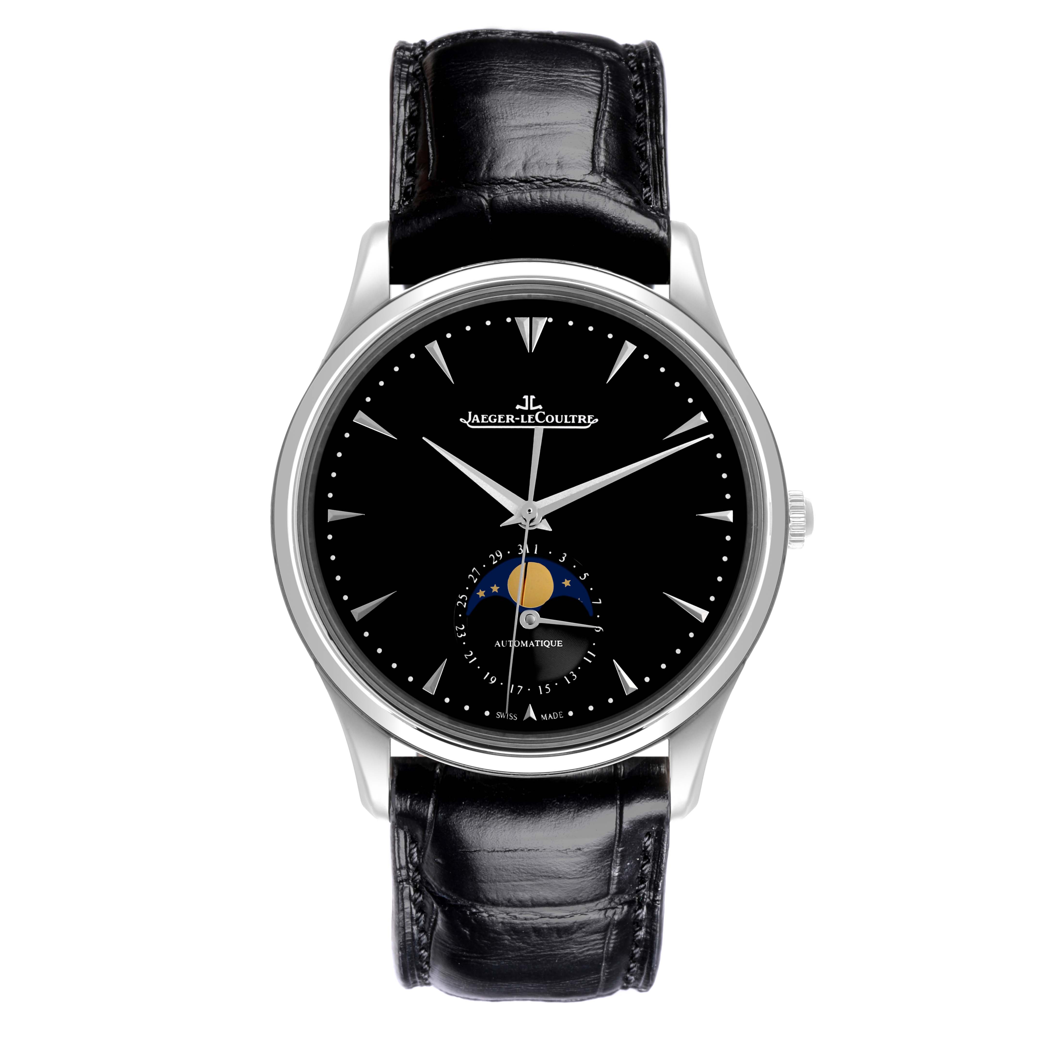 The Jaeger LeCoultre Master Q1368470 Men's Stainless Steel Black Dial Q1368470 Men's Stainless Steel Black Dial watch is shown from the front, displaying the face, dial, moon phase, and black leather strap.
