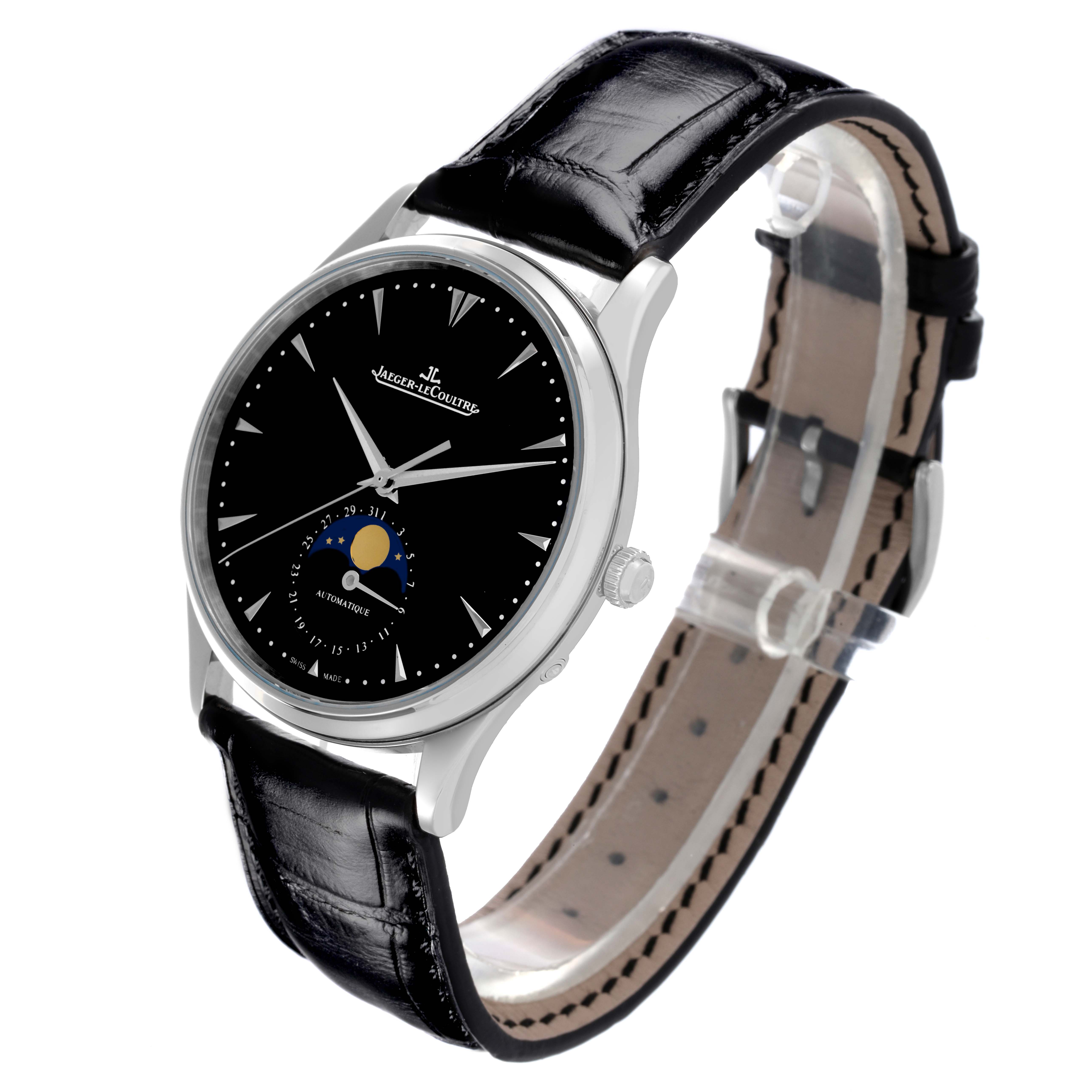 The Jaeger LeCoultre Master Q1368470 Men's Stainless Steel Black Dial Q1368470 Men's Stainless Steel Black Dial watch is shown at a slight angle, highlighting the face, moon phase dial, case, and leather strap.