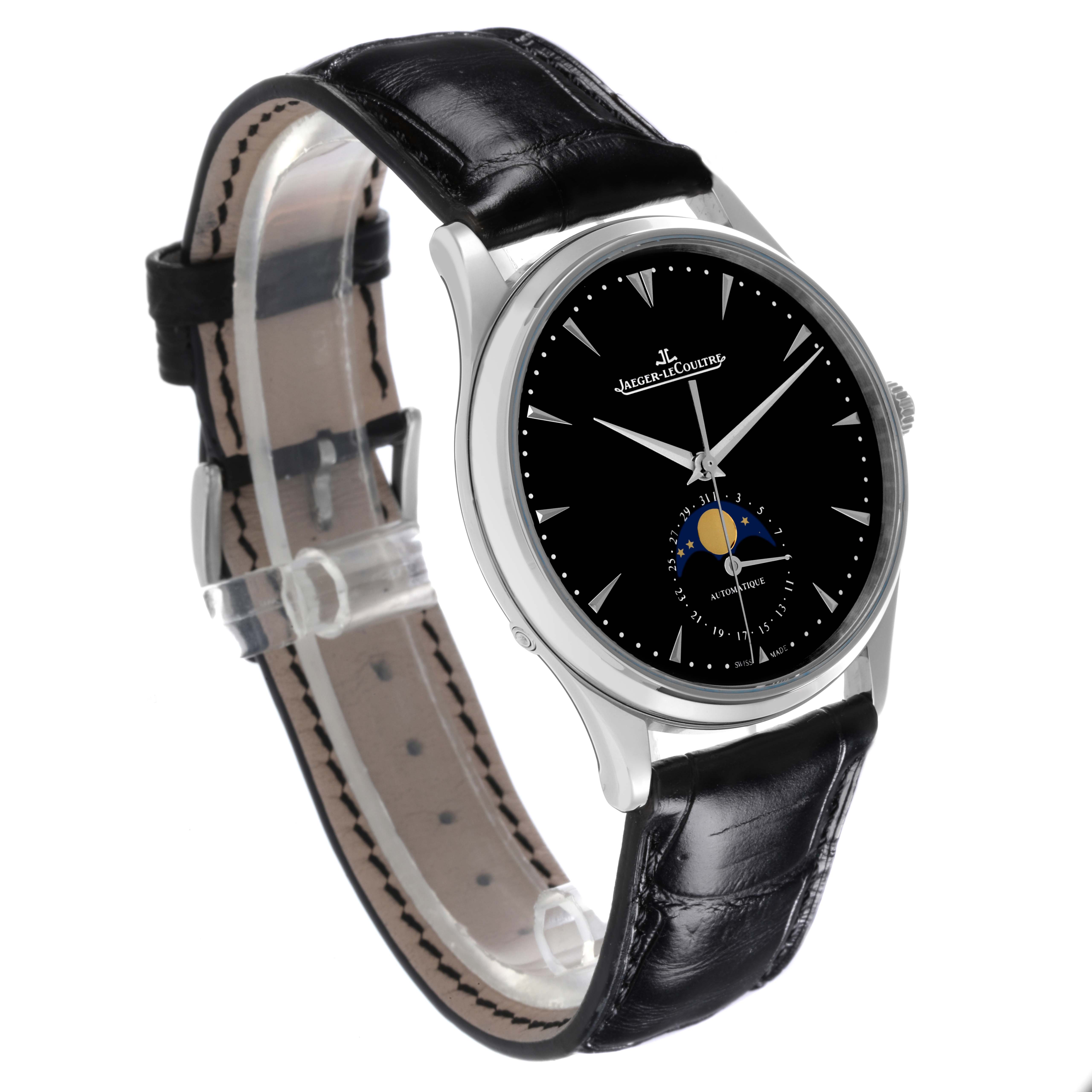 The Jaeger LeCoultre Master Q1368470 Men's Stainless Steel Black Dial Q1368470 Men's Stainless Steel Black Dial watch is shown at a three-quarter angle, highlighting the black dial, moon phase, and leather strap.