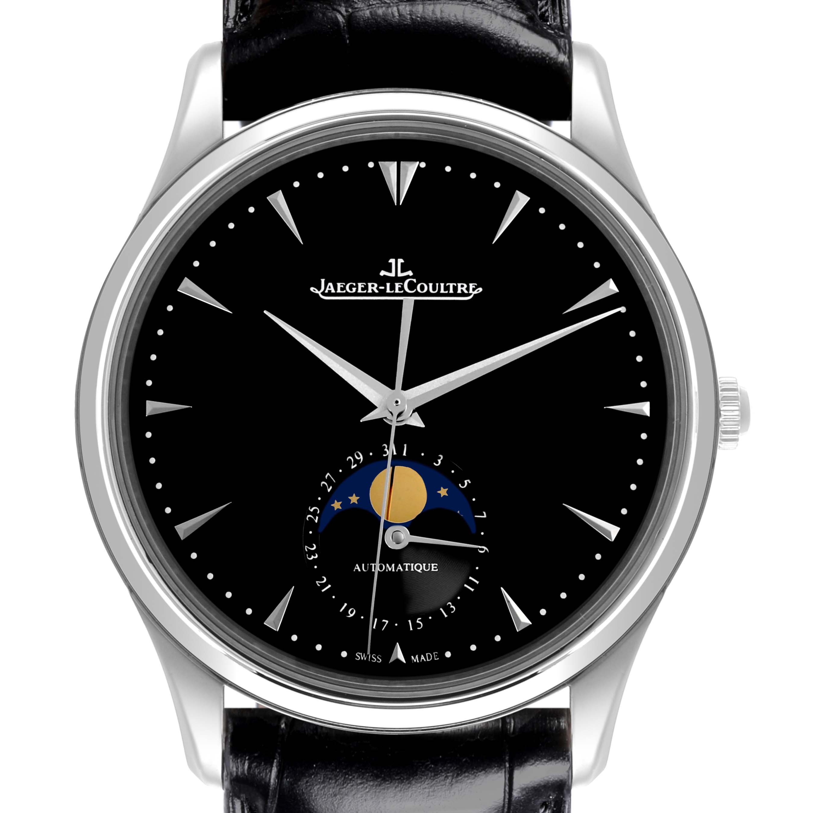The Jaeger LeCoultre Master Q1368470 Men's Stainless Steel Black Dial Q1368470 Men's Stainless Steel Black Dial watch is shown from the front, highlighting the dial with a moon phase and date indicator.