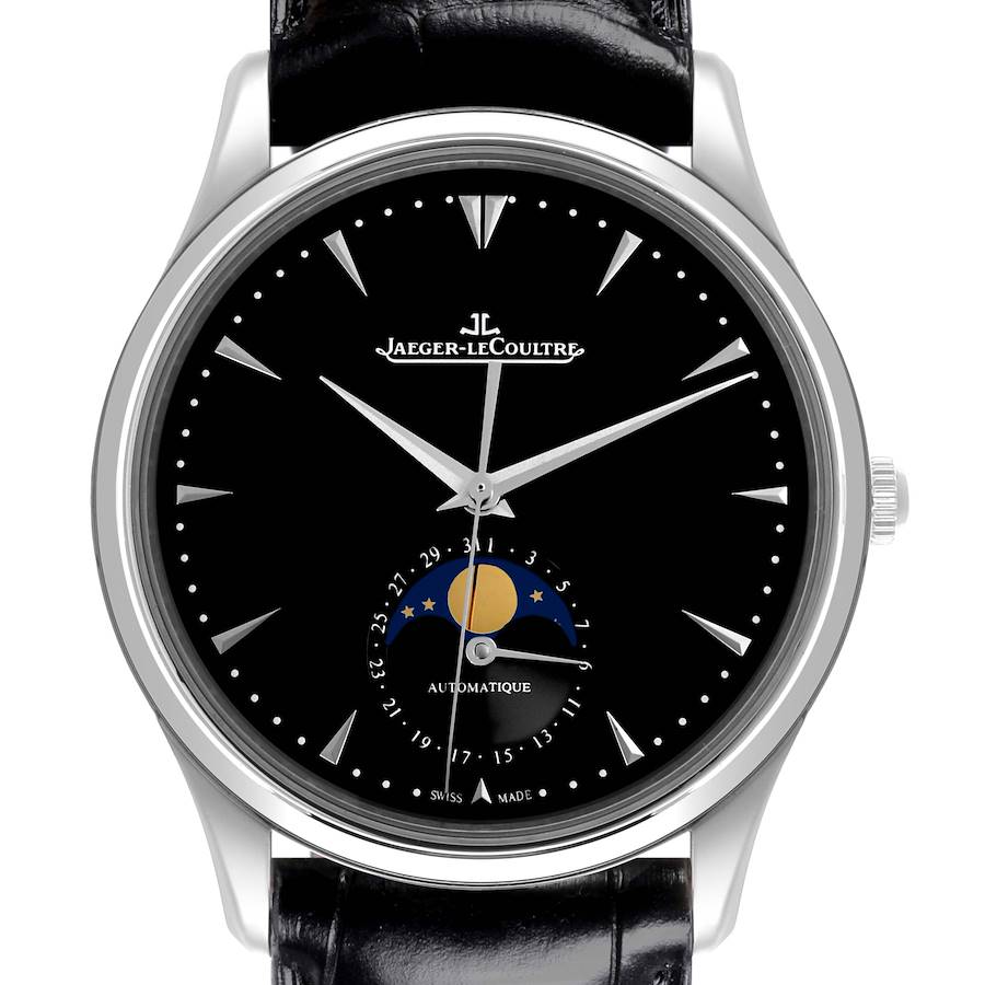 The Jaeger LeCoultre Master watch is shown from the front, highlighting the dial with a moon phase and date indicator.