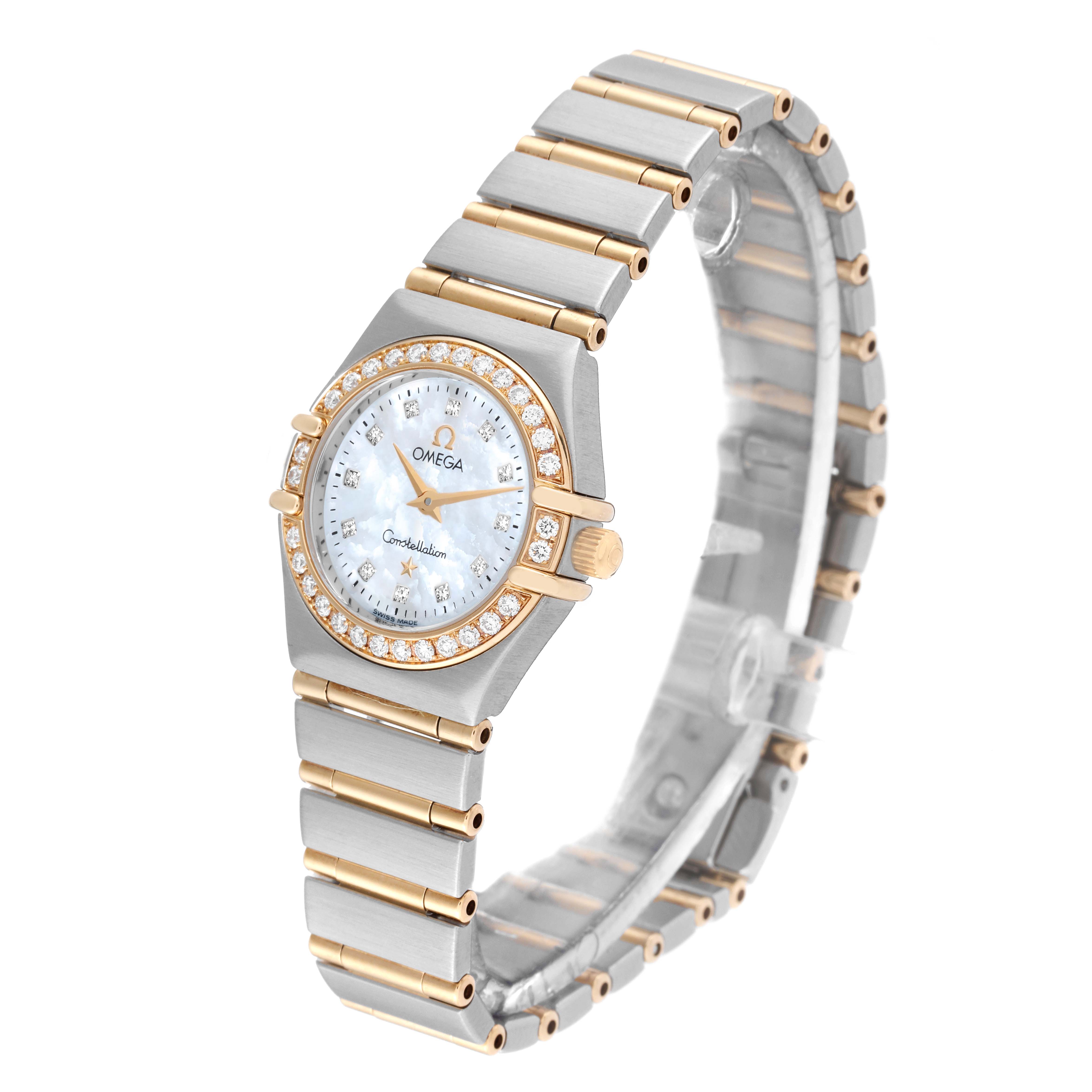 The Omega 1267.75.00 Women
s Steel and Gold (two tone) Mother of Pearl Dial 1267.75.00 Women
s Steel and Gold (two tone) Mother of Pearl Dial Constellation 95 Mother Of Pearl Diamond Ladies Watch model 1267.75.00 is shown at a three-quarter angle, highlighting its bracelet and face.