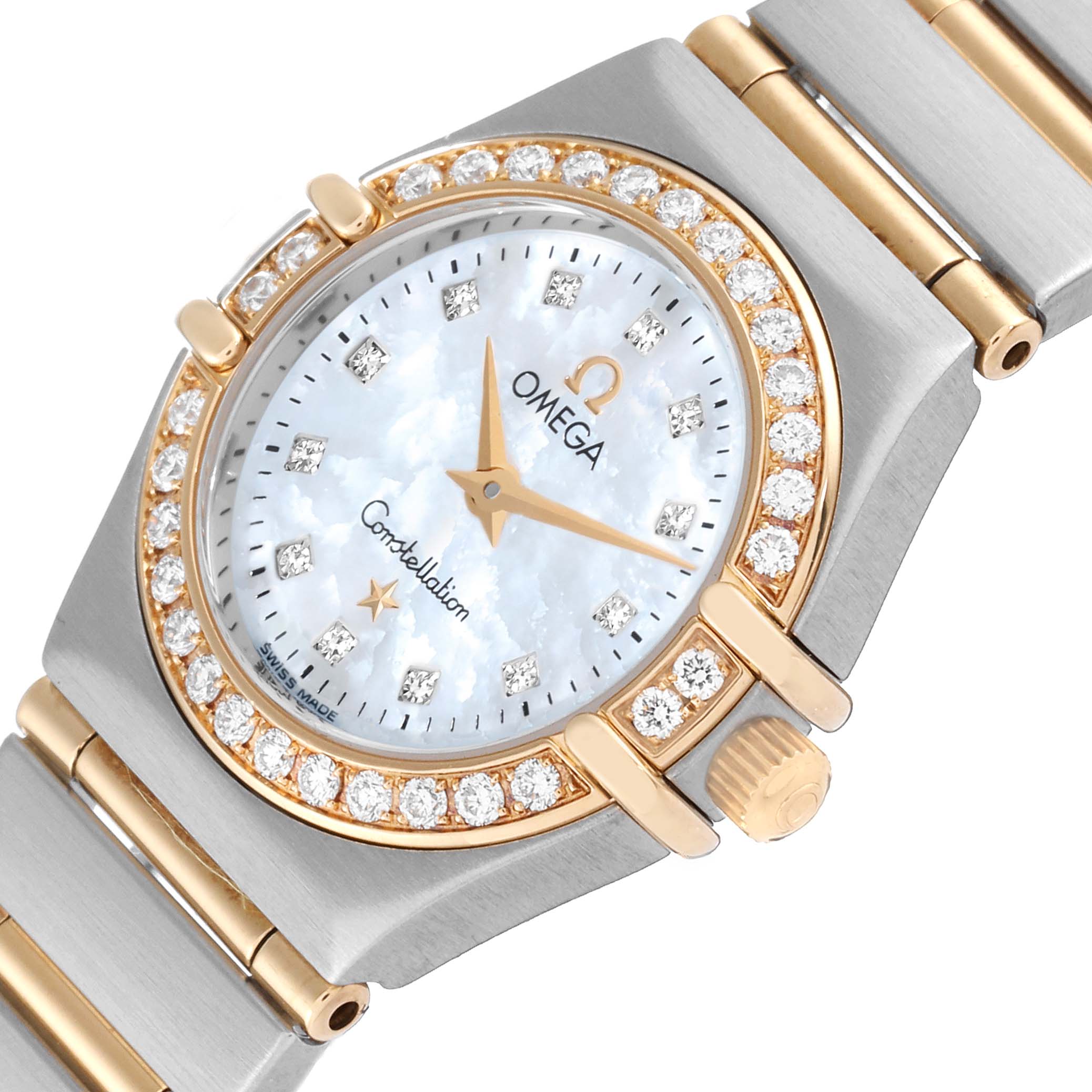 The image shows a close-up of the dial, bezel, and bracelet of the Omega 1267.75.00 Women
s Steel and Gold (two tone) Mother of Pearl Dial 1267.75.00 Women
s Steel and Gold (two tone) Mother of Pearl Dial Constellation 95 Mother Of Pearl Diamond Yellow Gold Steel Ladies Watch 1267.75.00.