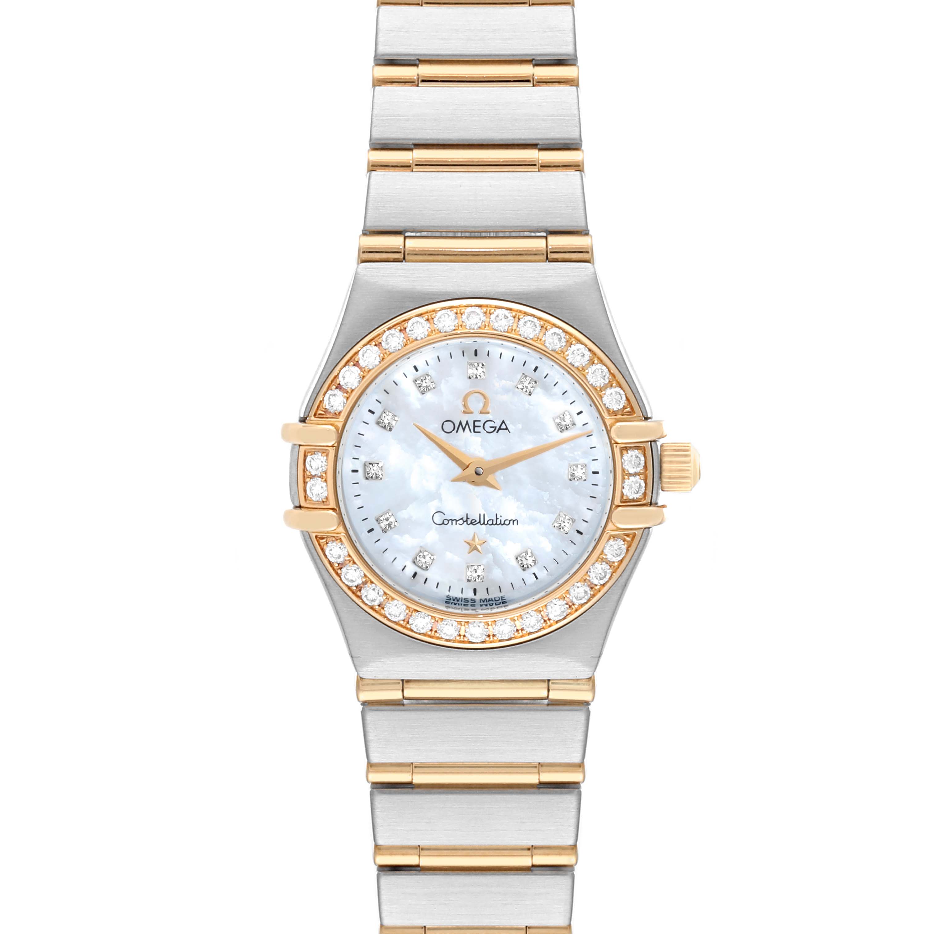 The image shows a frontal view of the Omega 1267.75.00 Women
s Steel and Gold (two tone) Mother of Pearl Dial 1267.75.00 Women
s Steel and Gold (two tone) Mother of Pearl Dial Constellation 95 Mother Of Pearl Diamond Yellow Gold Steel Ladies Watch 1267.75.00.