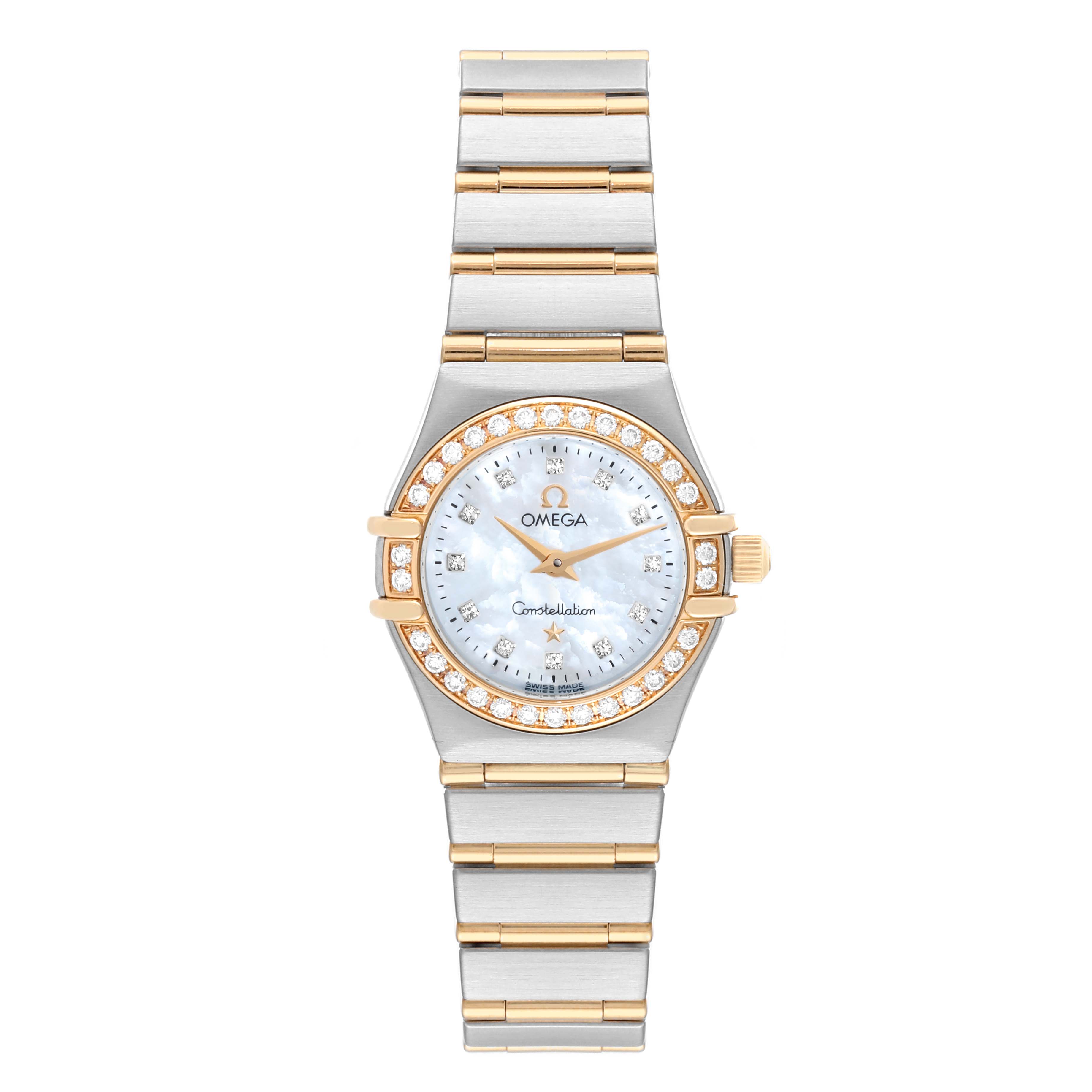 The image shows the front view of the Omega 1267.75.00 Women
s Steel and Gold (two tone) Mother of Pearl Dial 1267.75.00 Women
s Steel and Gold (two tone) Mother of Pearl Dial Constellation 95 Mother Of Pearl Diamond Yellow Gold Steel Ladies Watch 1267.75.00.