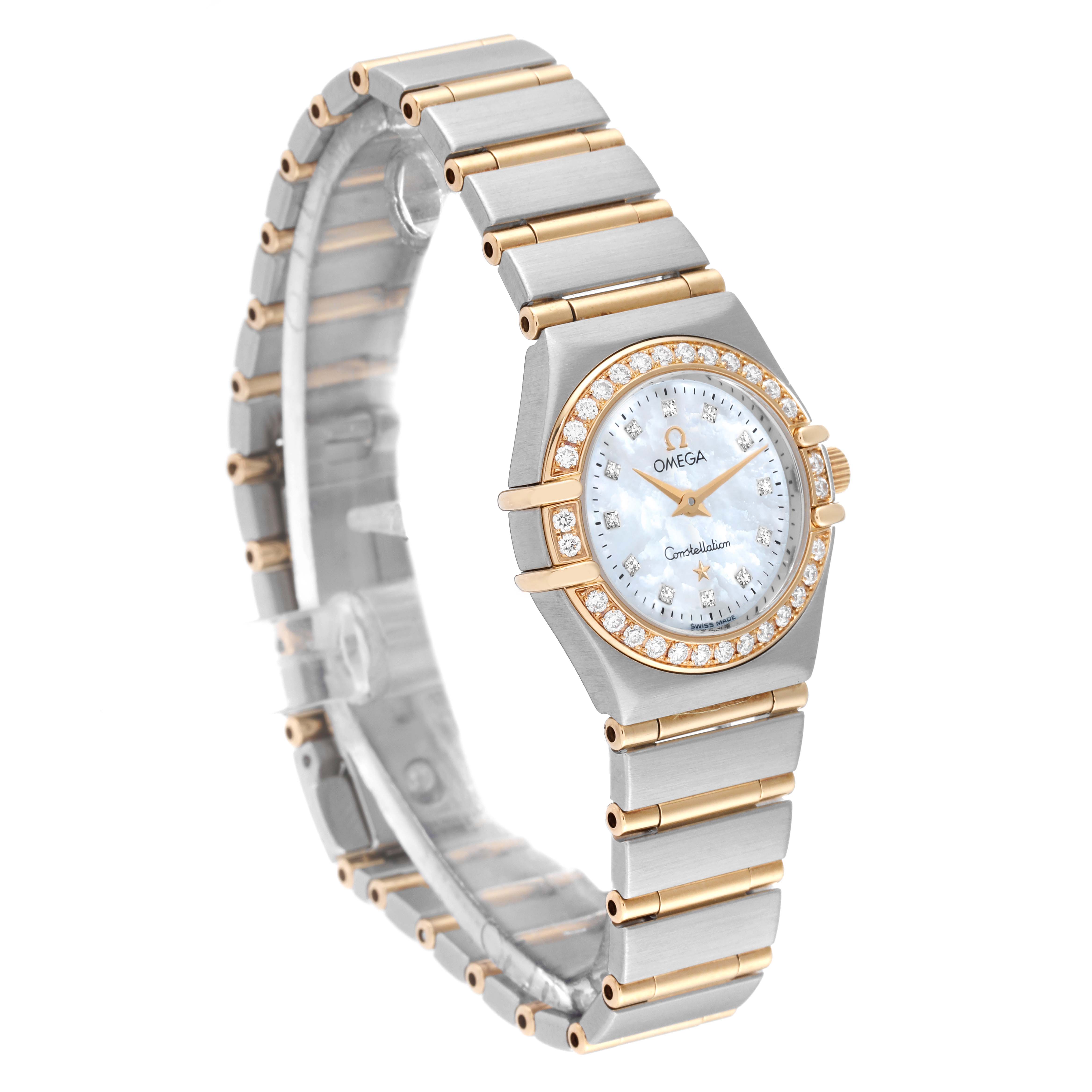 The Omega 1267.75.00 Women
s Steel and Gold (two tone) Mother of Pearl Dial 1267.75.00 Women
s Steel and Gold (two tone) Mother of Pearl Dial Constellation 95 Mother Of Pearl Diamond Yellow Gold Steel Ladies Watch 1267.75.00 is shown from a three-quarter angle, highlighting its band and face.