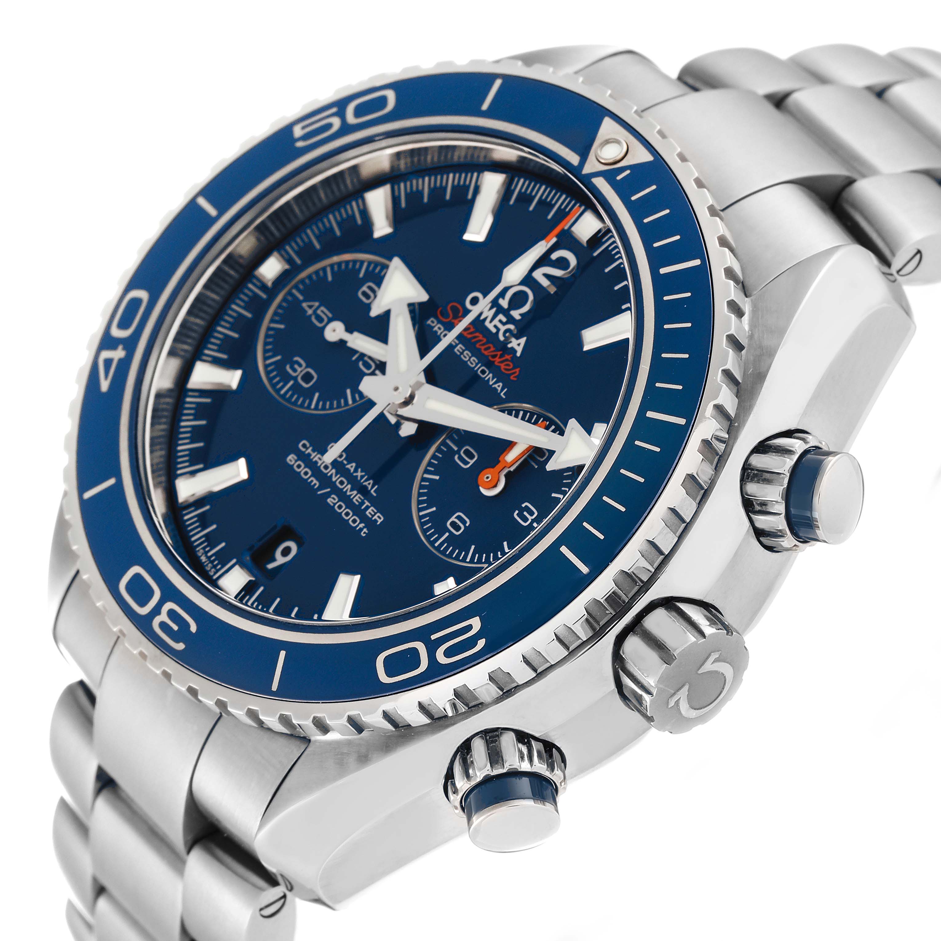The image shows an angled view of the Omega Planet Ocean 232.90.46.51.03.001 Men's Titanium Blue Dial 232.90.46.51.03.001 Men's Titanium Blue Dial watch, highlighting the dial, bezel, and crown.