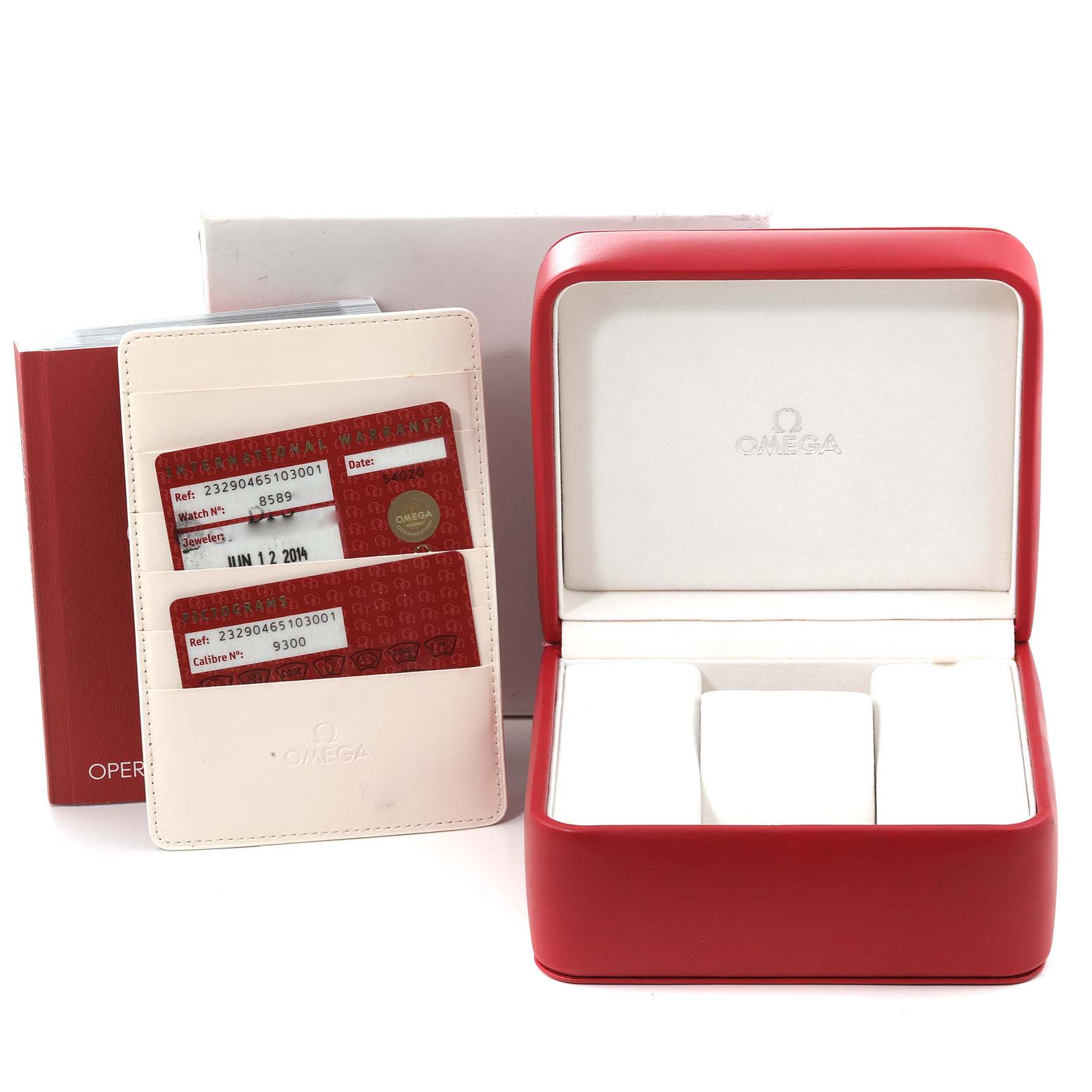 The image shows an Omega Planet Ocean 232.90.46.51.03.001 Men's Titanium Blue Dial 232.90.46.51.03.001 Men's Titanium Blue Dial watch box, warranty cards, and a manual from a front angle.