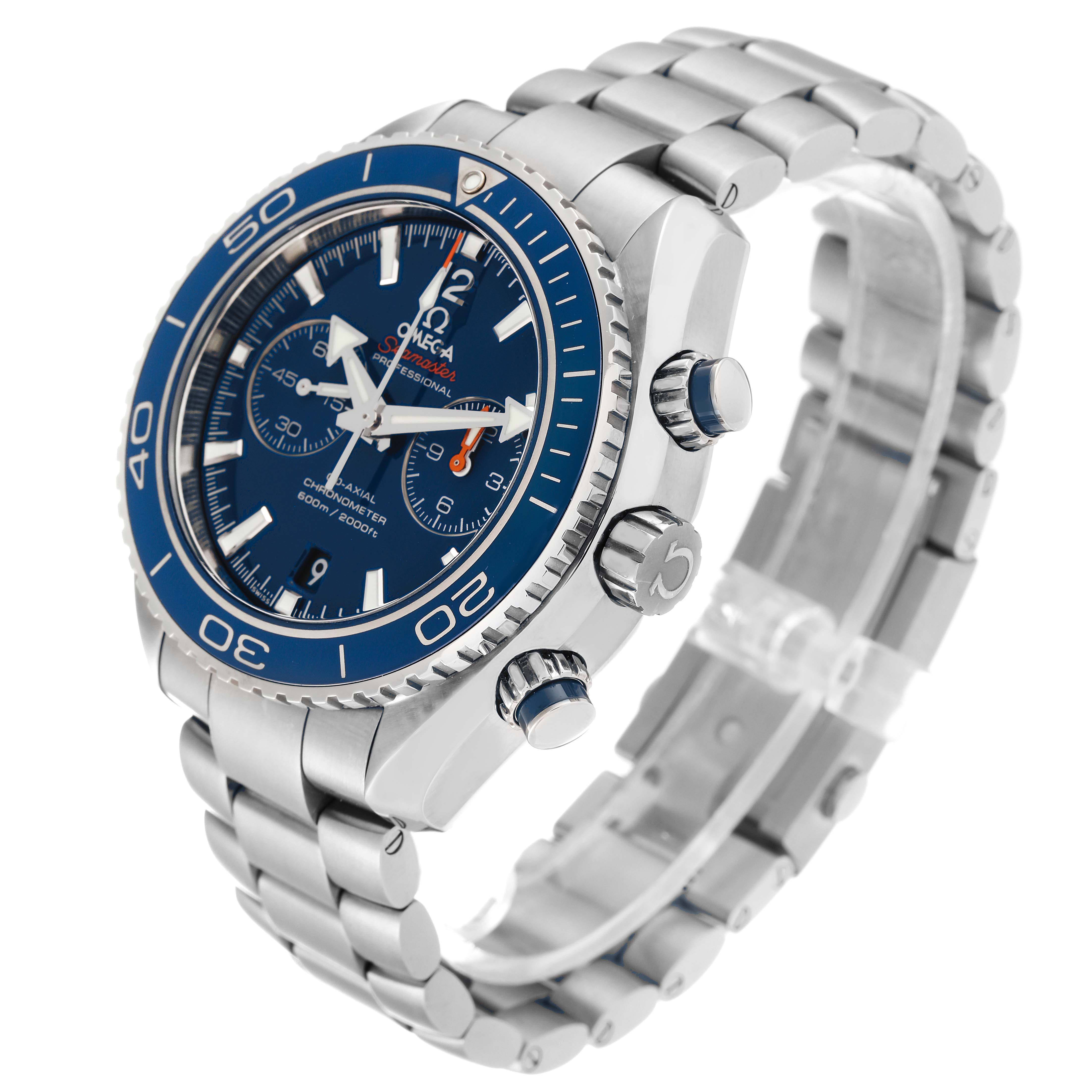 The image shows an angled view of the Omega Planet Ocean 232.90.46.51.03.001 Men's Titanium Blue Dial 232.90.46.51.03.001 Men's Titanium Blue Dial watch, highlighting the bezel, face, crown, and bracelet.