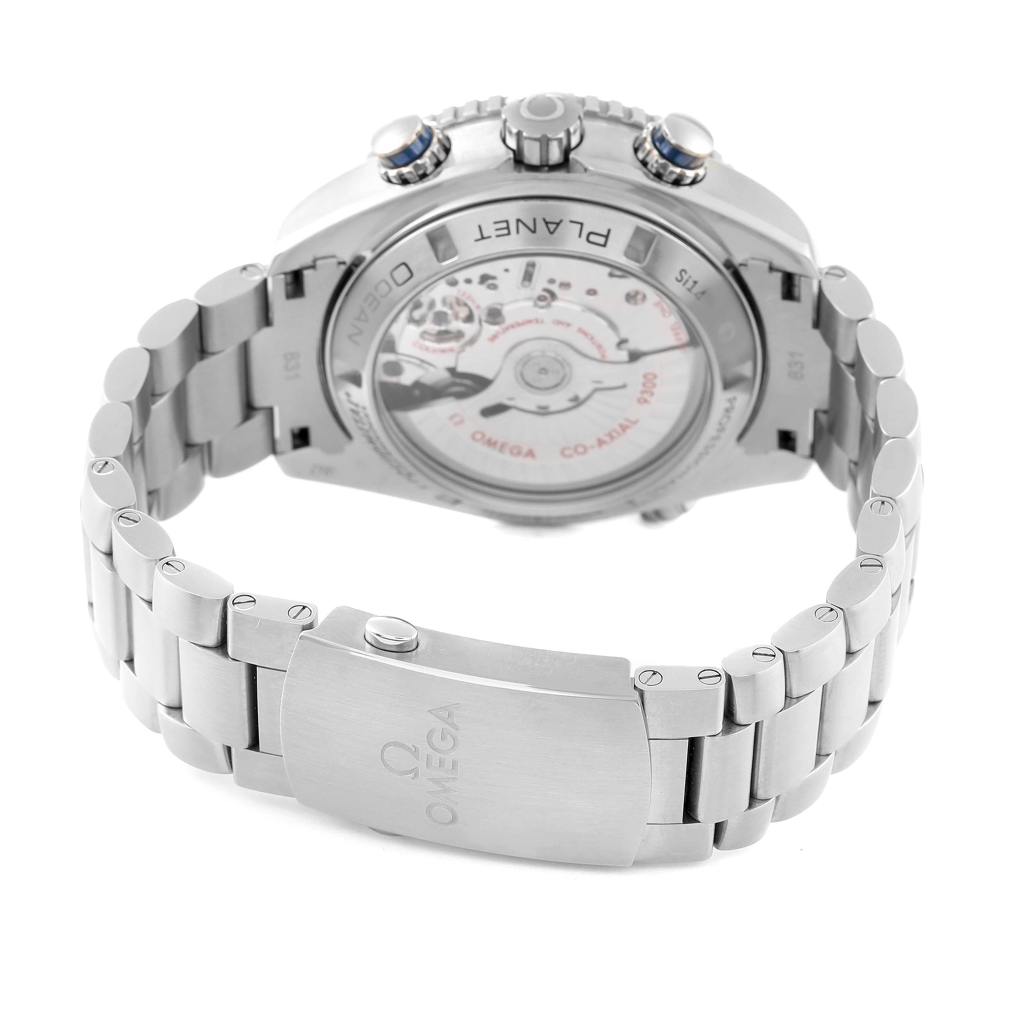 The image shows the back view of an Omega Planet Ocean 232.90.46.51.03.001 Men's Titanium Blue Dial 232.90.46.51.03.001 Men's Titanium Blue Dial watch, highlighting the bracelet and the watch's transparent case back.